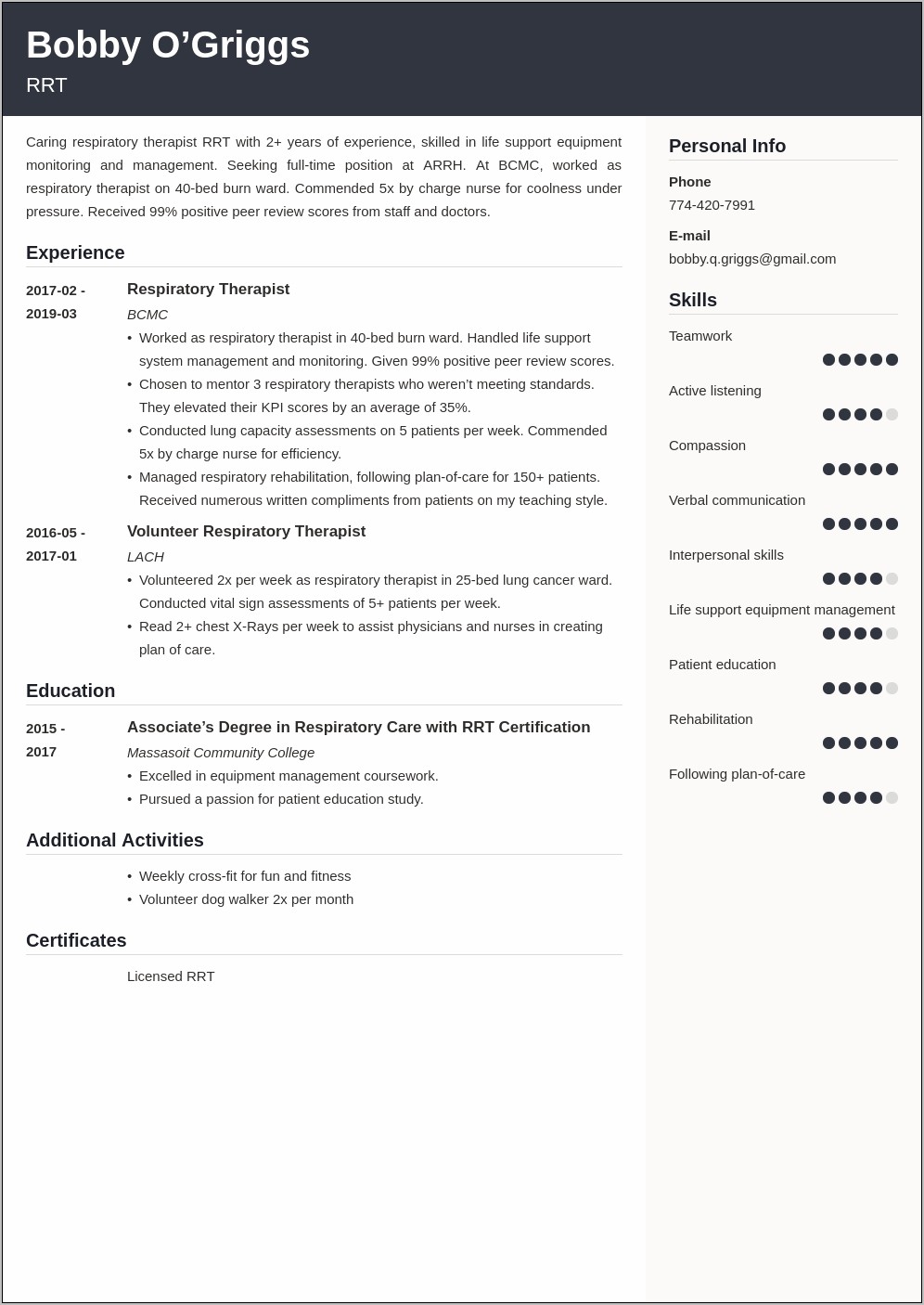 Skills For Resume Respiratory Therapist