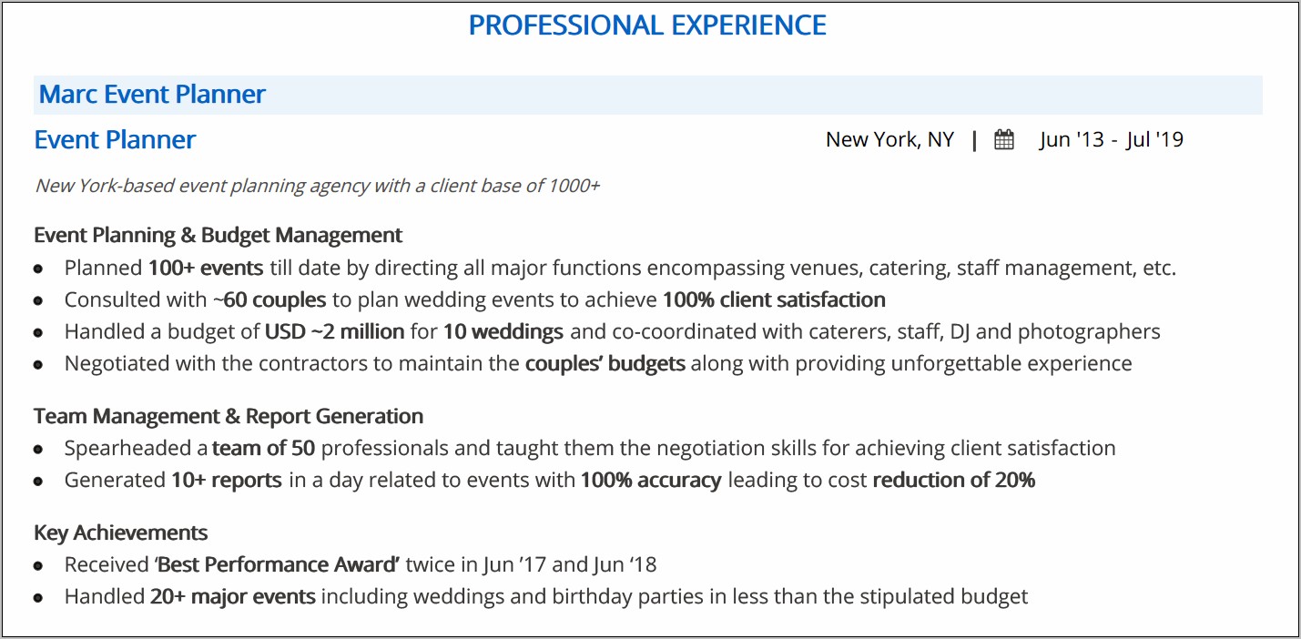 Skills For Wedding Planner Resume