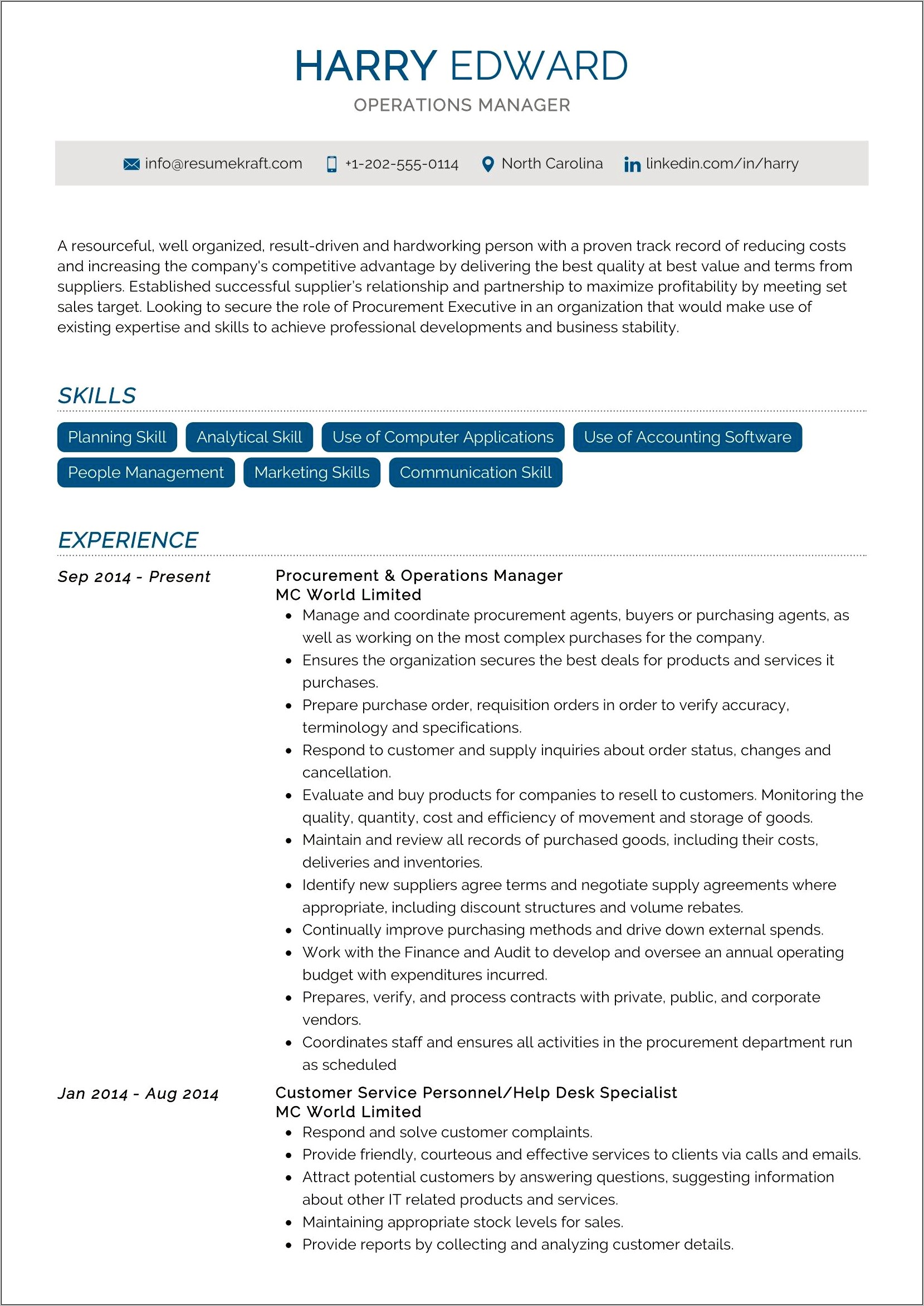 Skills Resume Example Operations Management