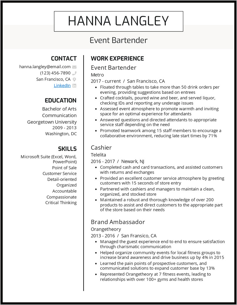 Skills Summary For Bartender Resume