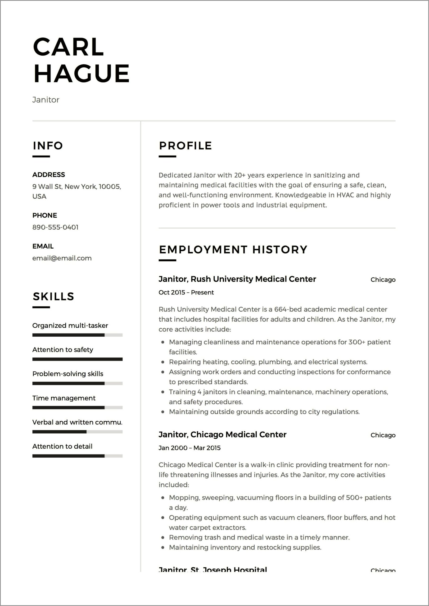 Skills Summary Janitorial Work Resume