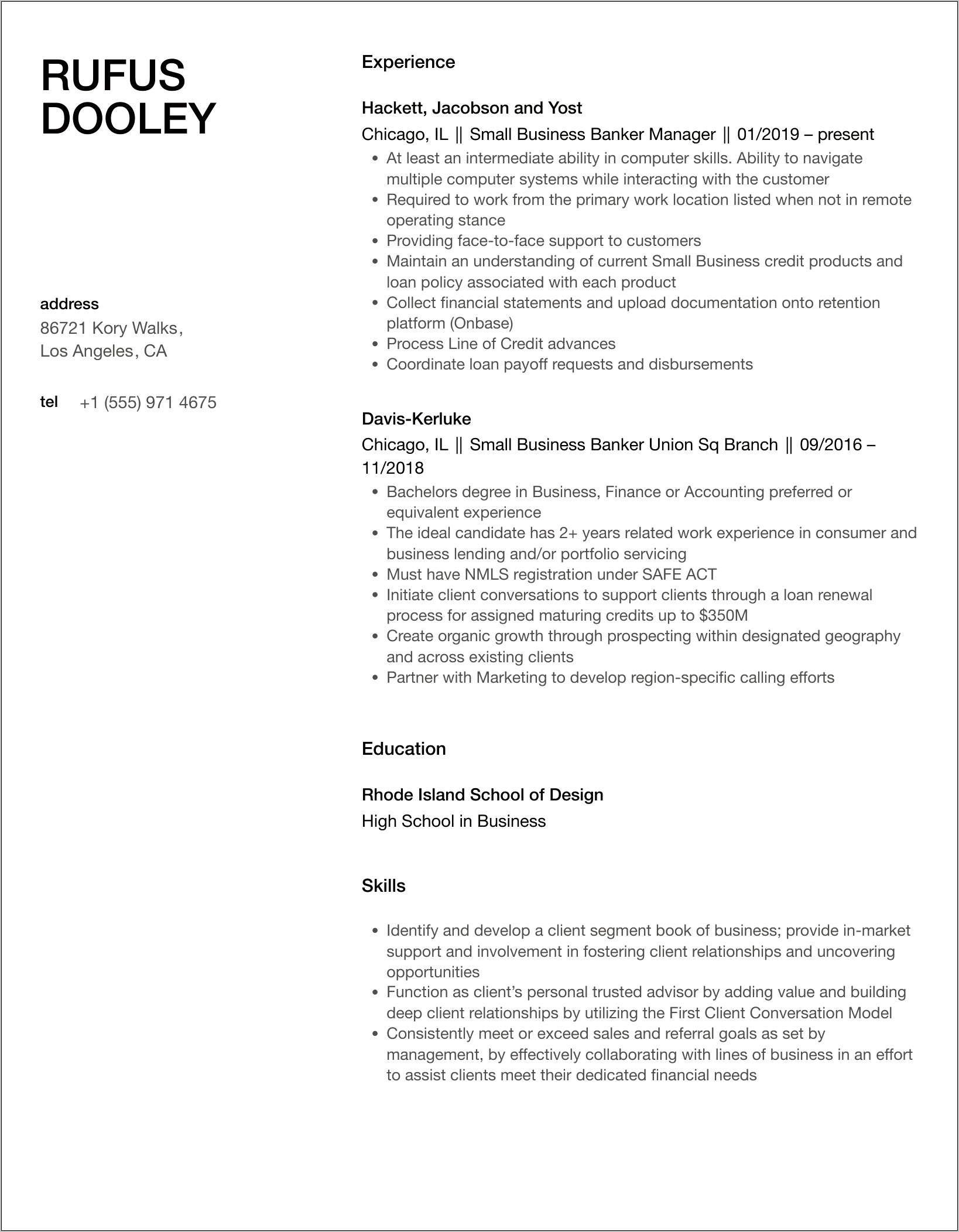 Small Business Banker Resume Sample