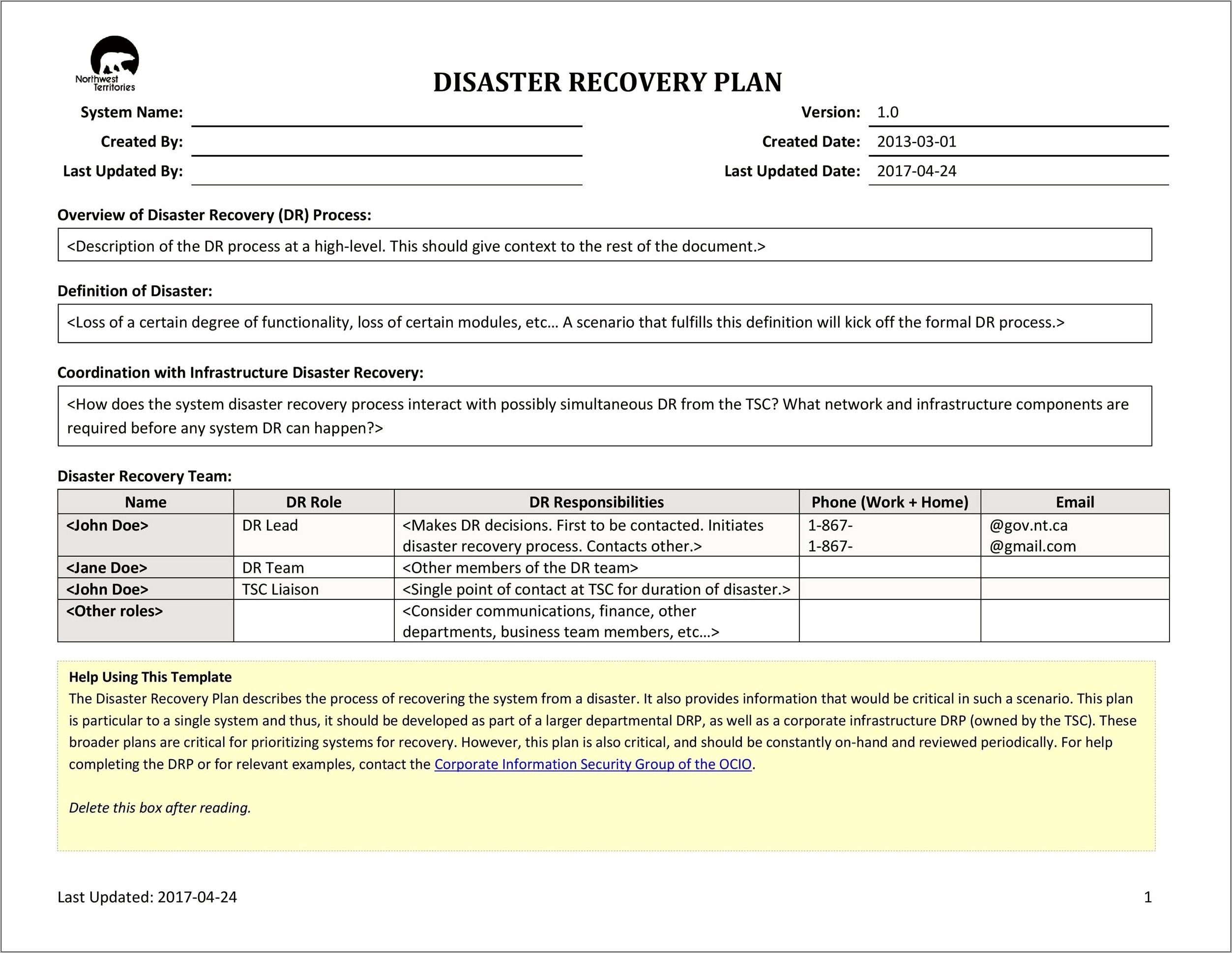 Small Business Disaster Recovery Plan Template Free