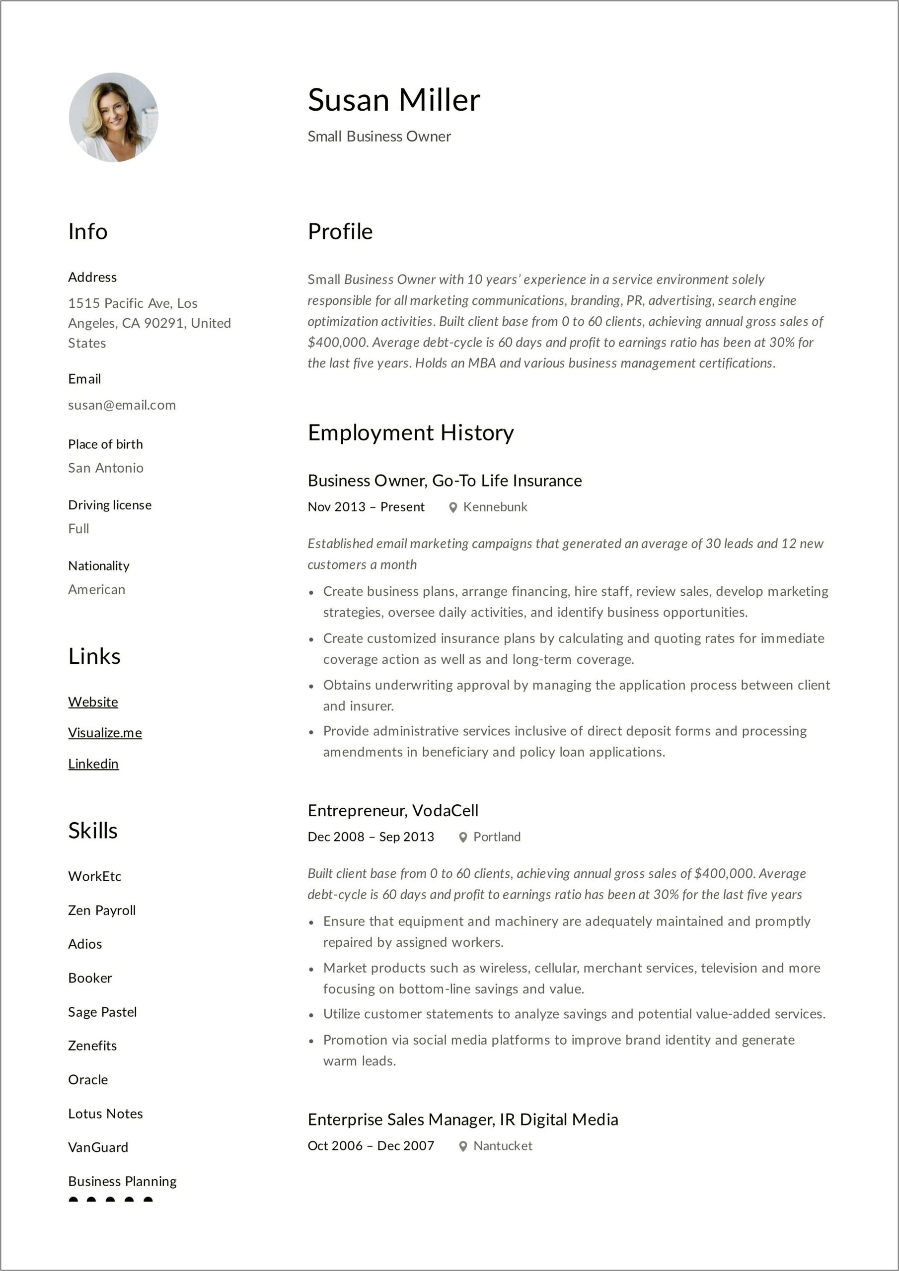 Small Business Owners Resume Samples