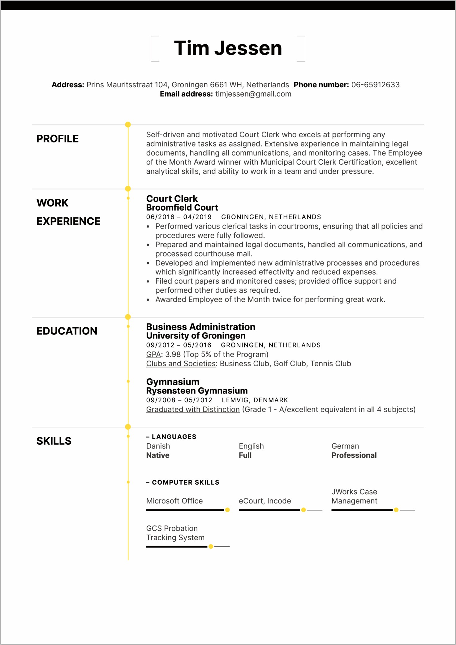 Small Claims Clerk Sample Resume