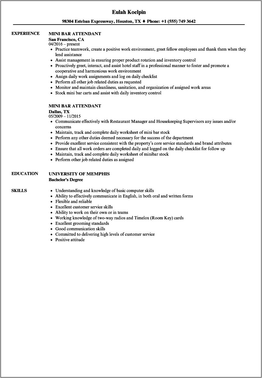 Snack Bar Attendant Resume Sample