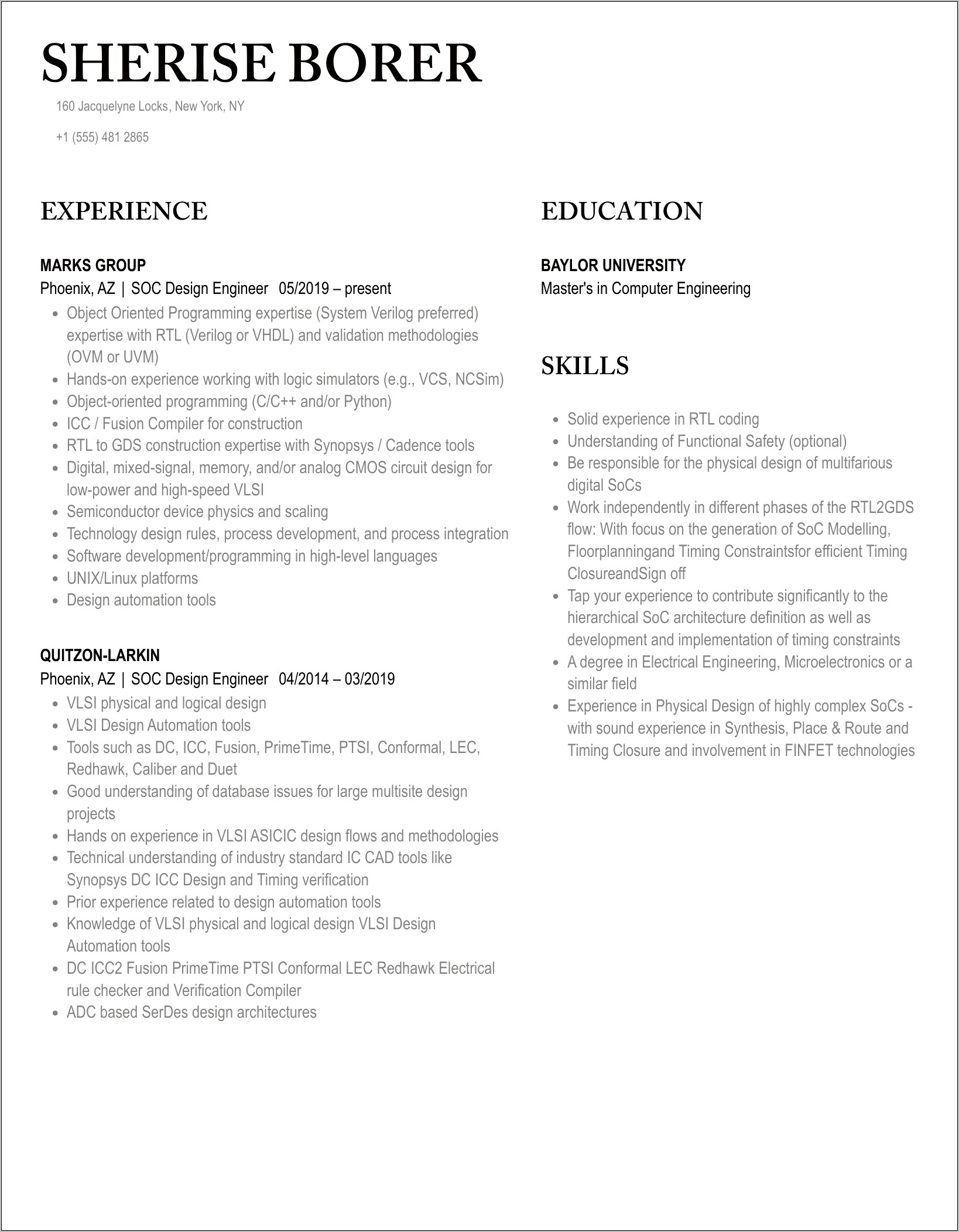 Soc Design Engineer Resume Sample