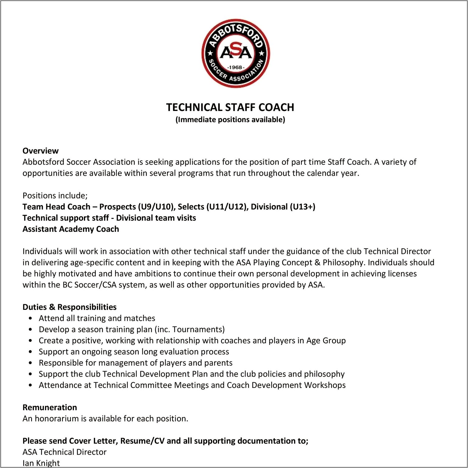 Soccer Coach Job Description Resume