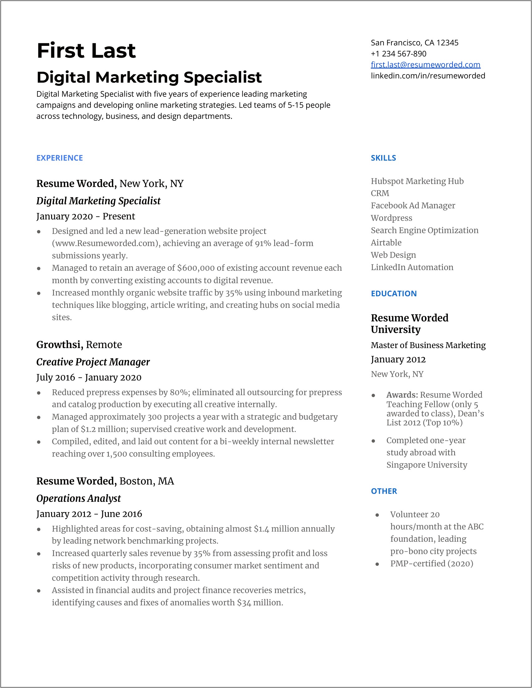 Social Media Expert Resume Example