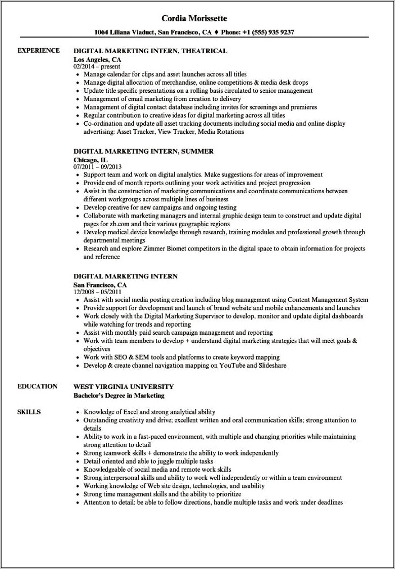 Social Media Intern Sample Resume