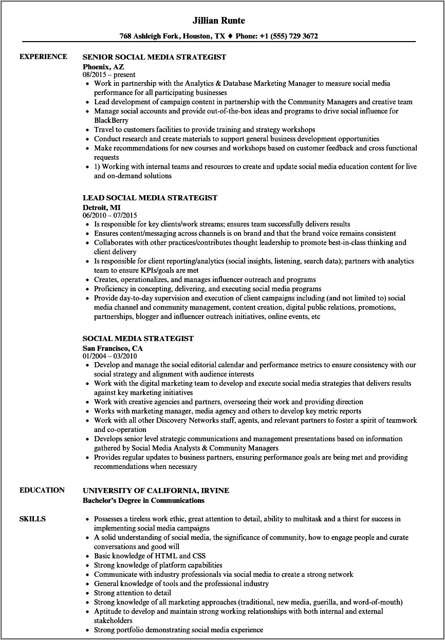 Social Media Job Description Resume