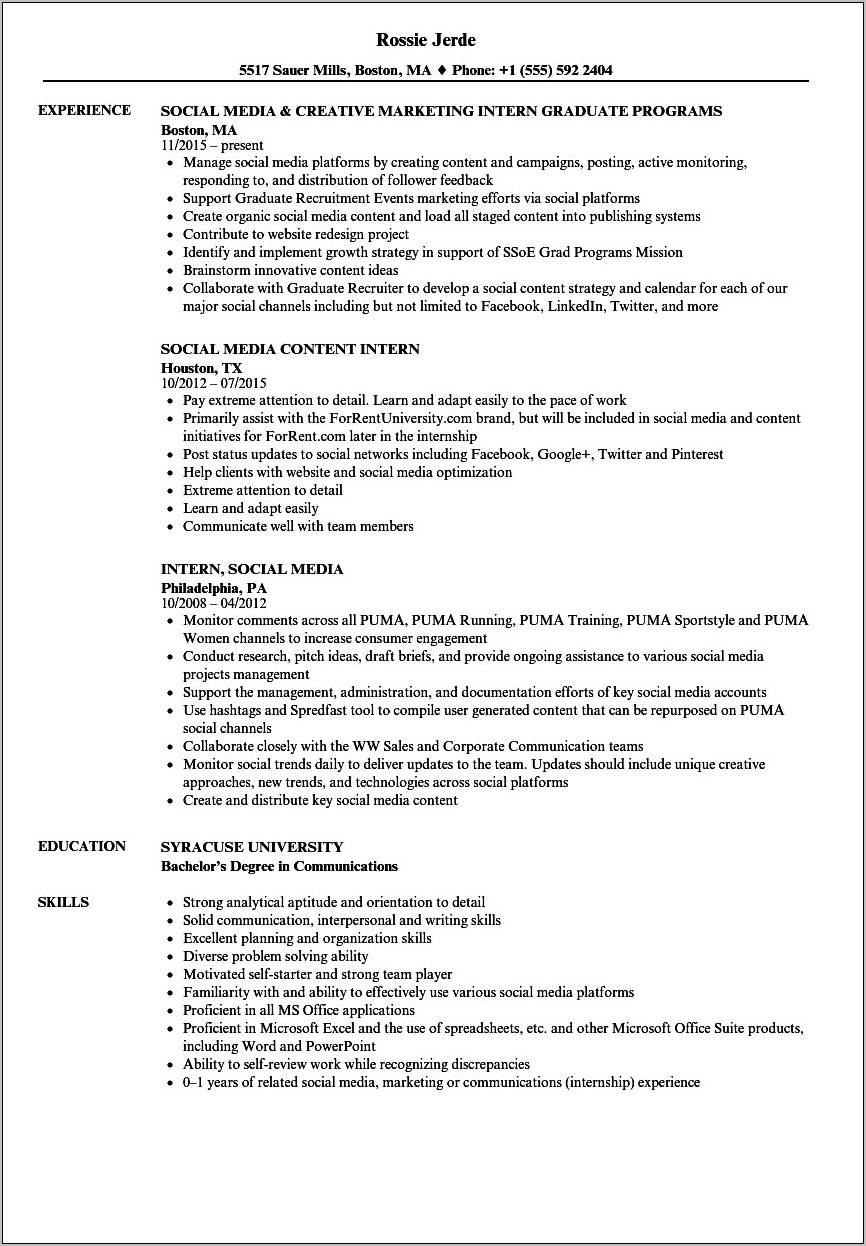 Social Media Job Resume Sample