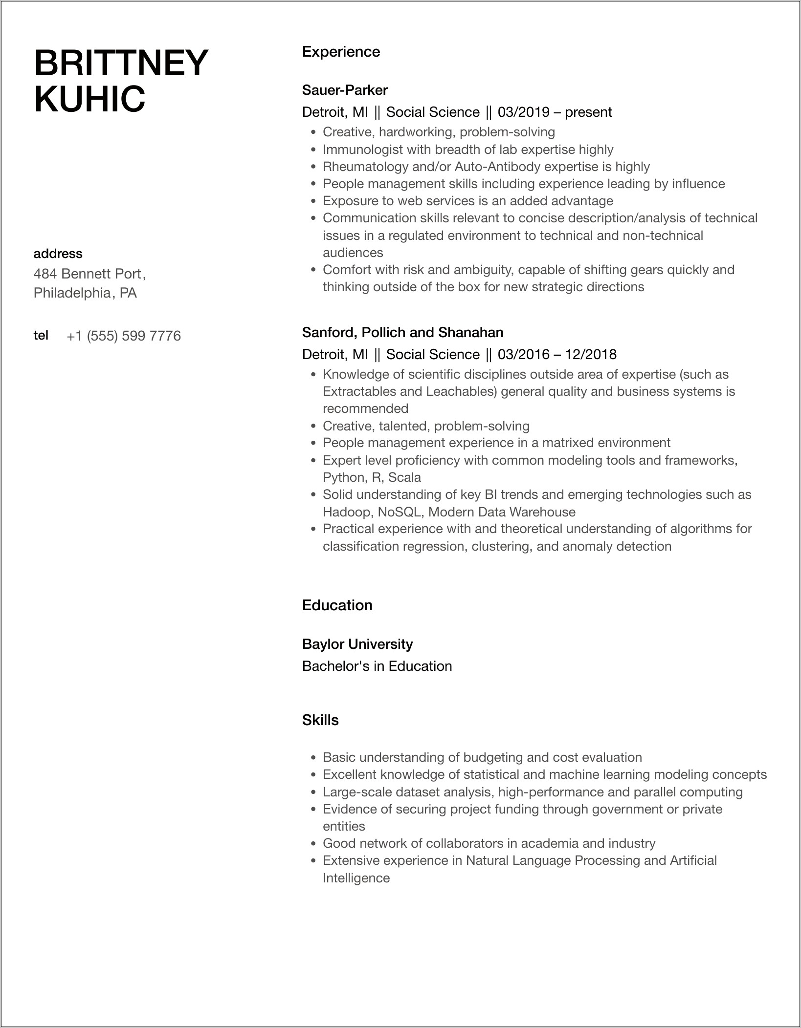 Social Science Degree Resume Sample