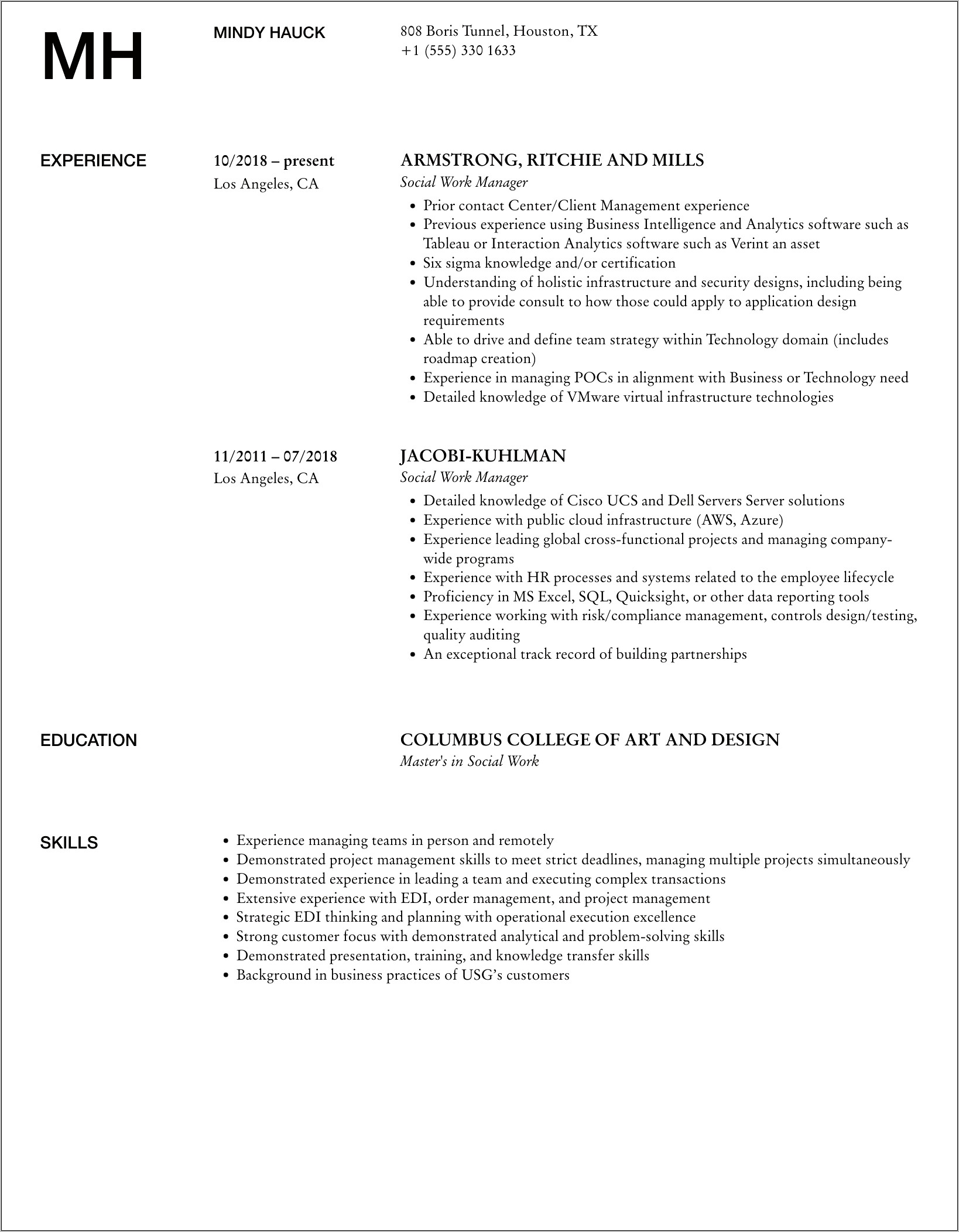 Social Service Manager Resume Sample