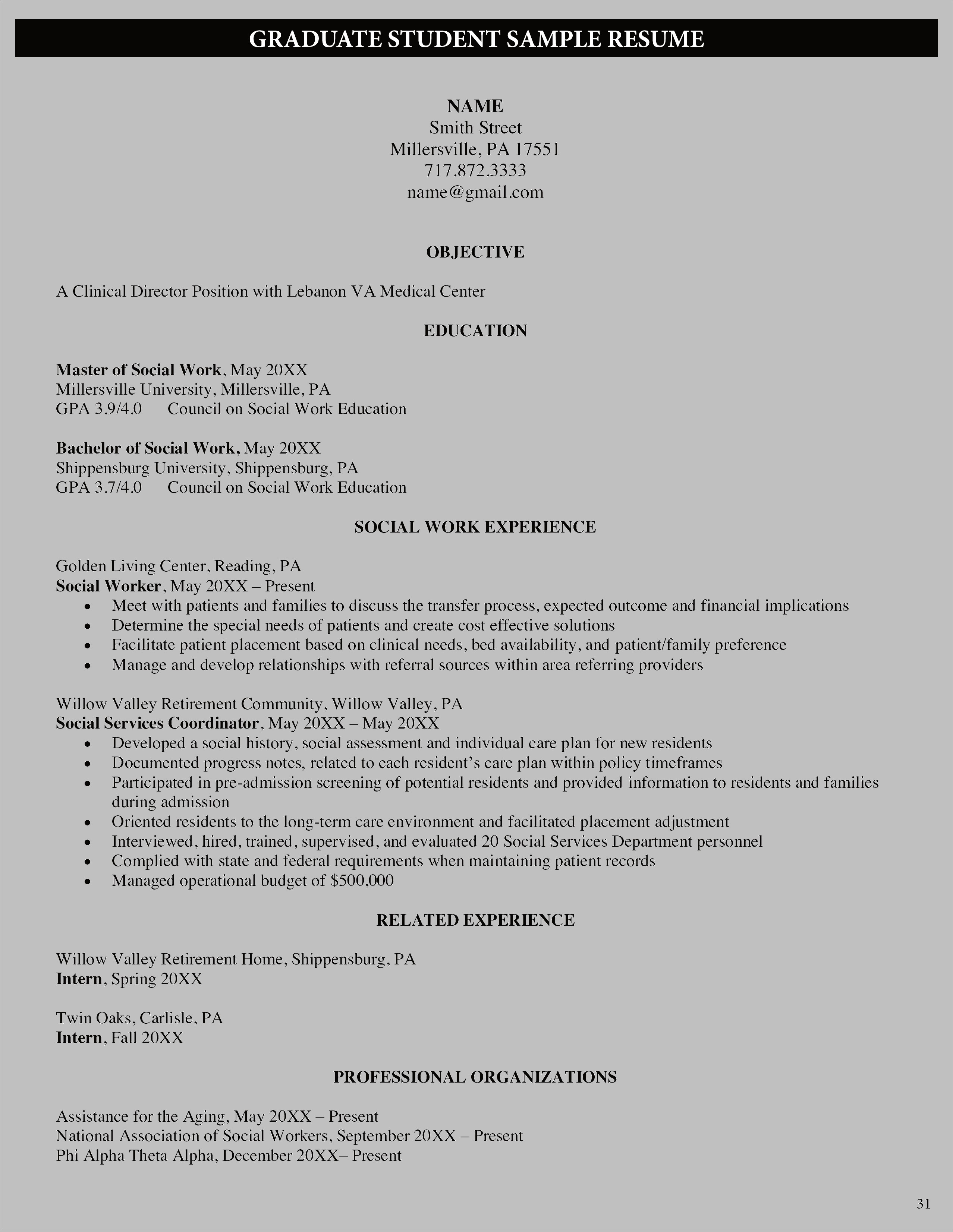 Social Work Graduate Resume Sample