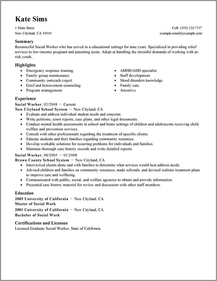 Social Worker Resume Job Summary