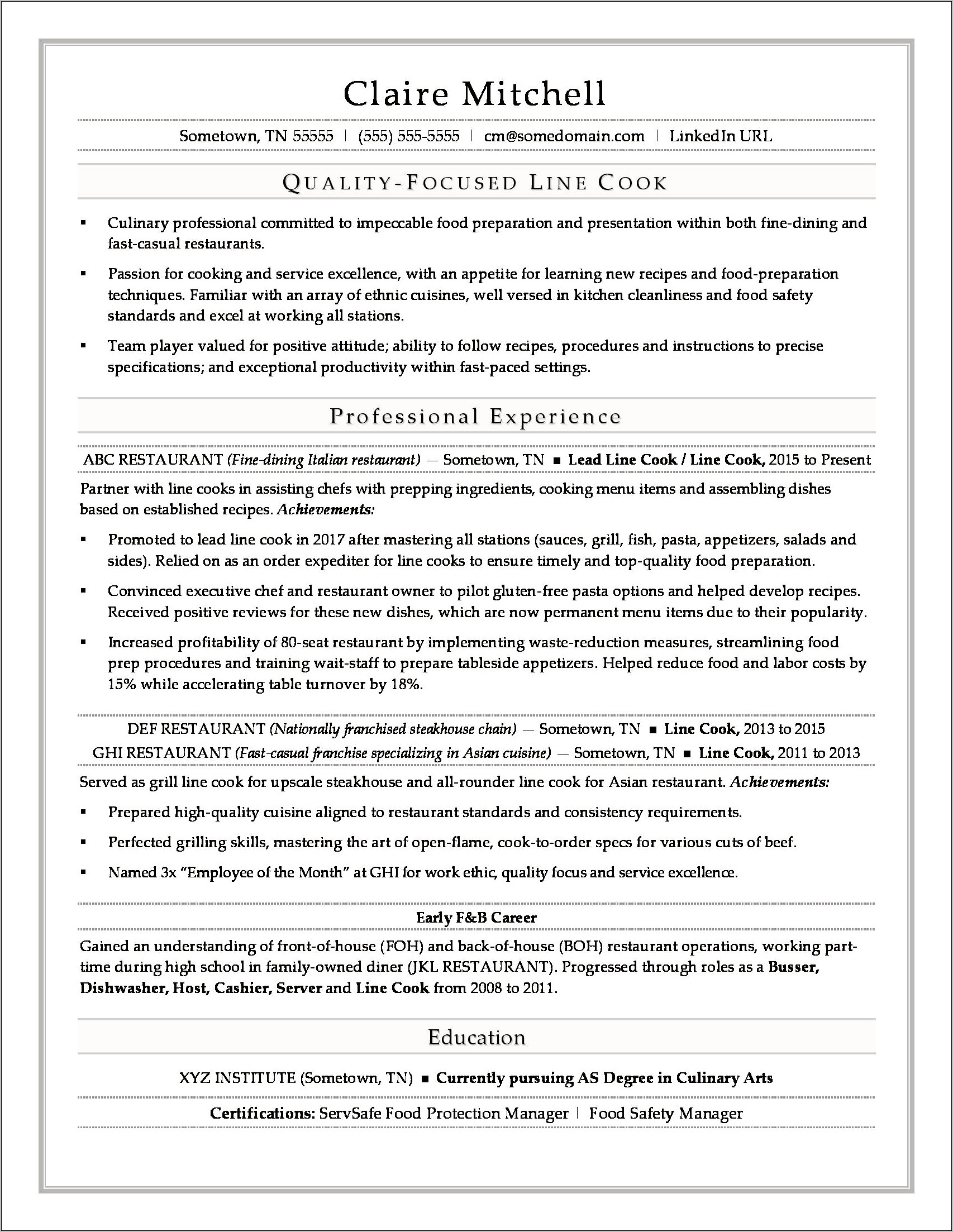 Sous Chef Resume Template Free