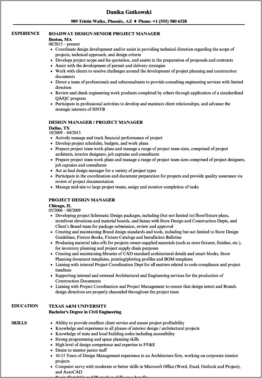 Space Planner Project Manager Resume