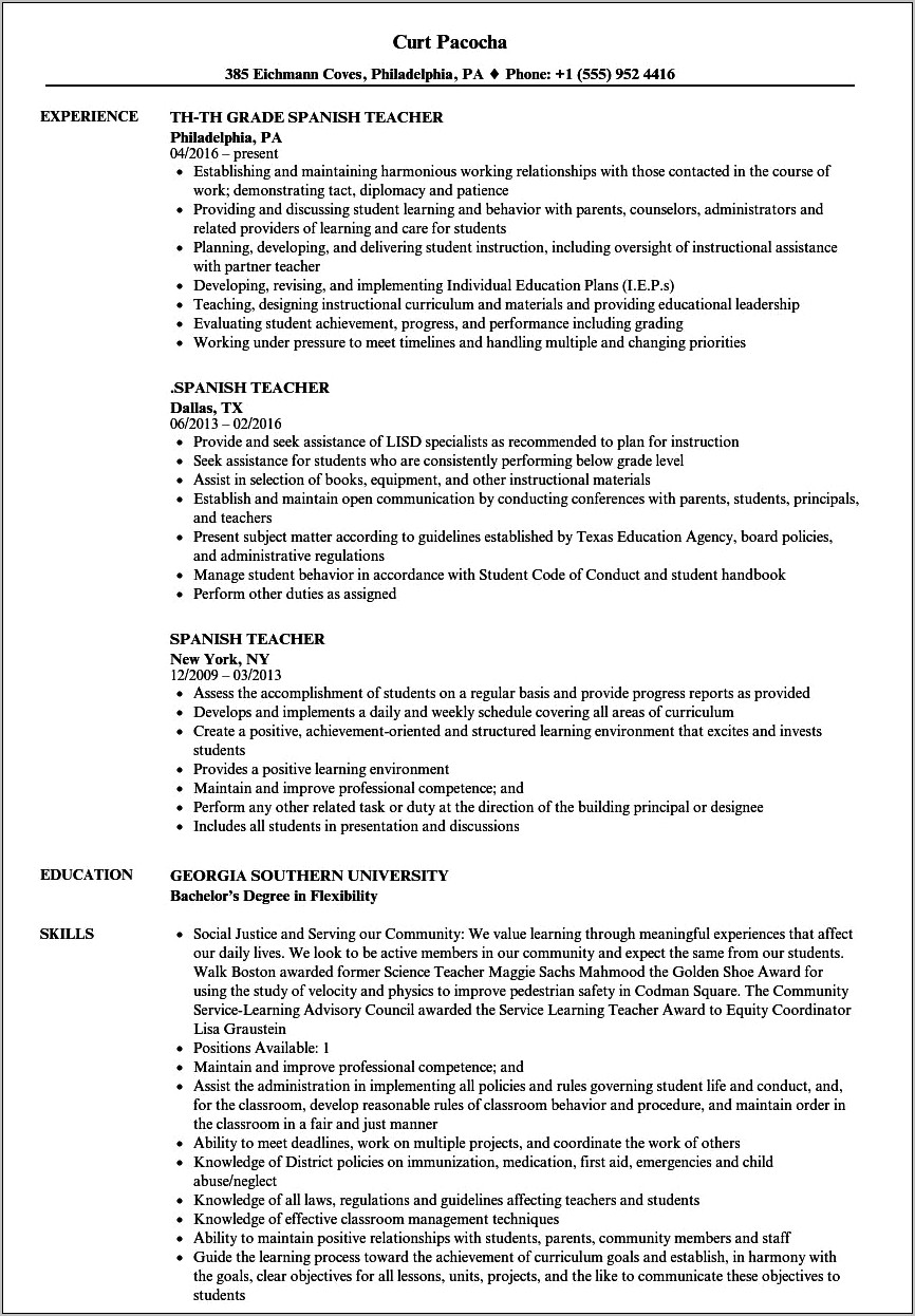 Spanish Teacher Resume Free Sample