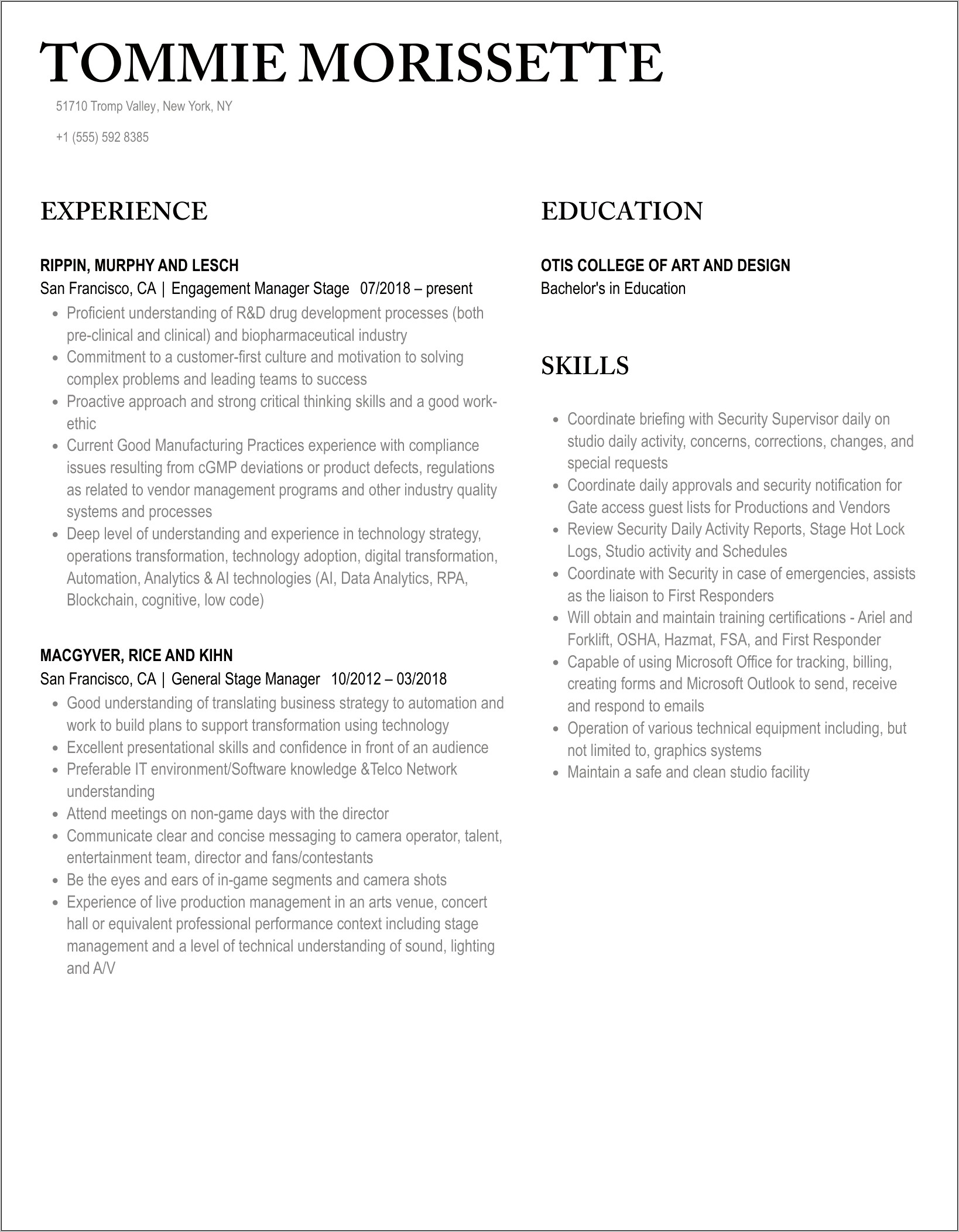 Speacial Skills Resume Stage Manager