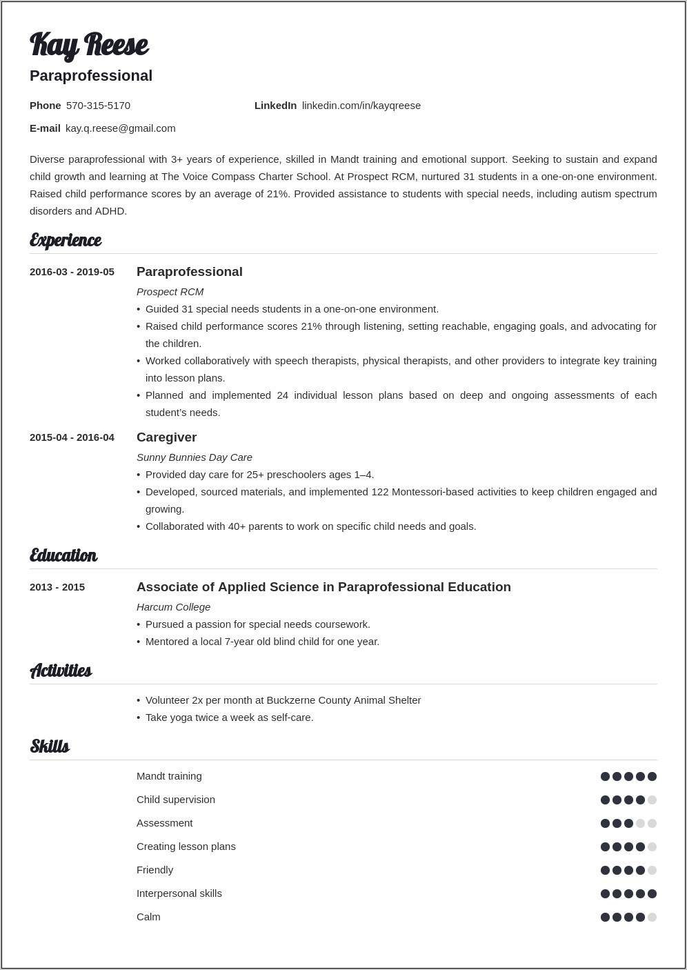 Special Education Paraprofessional Resume Sample