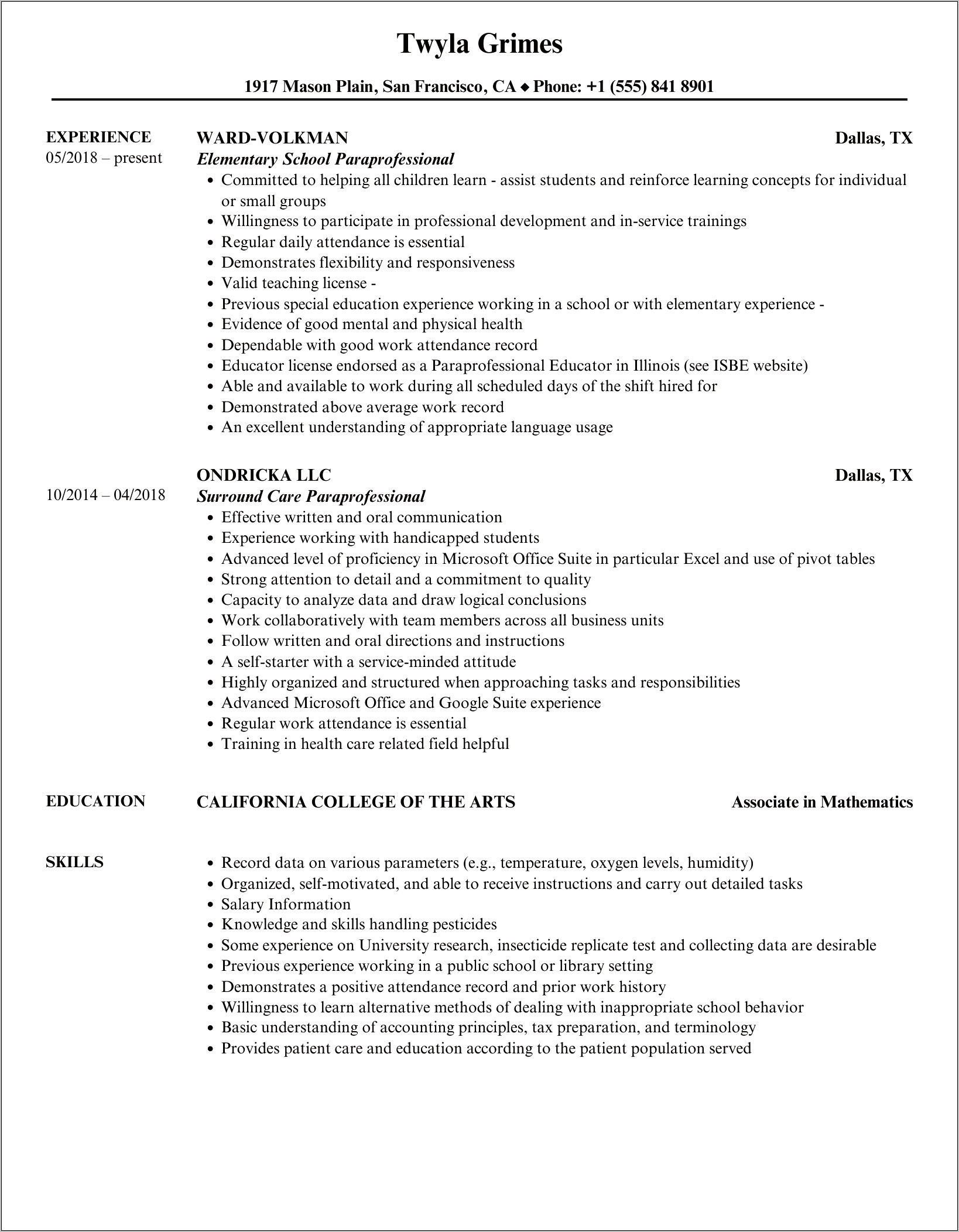 Special Education Paraprofessional Resume Skills