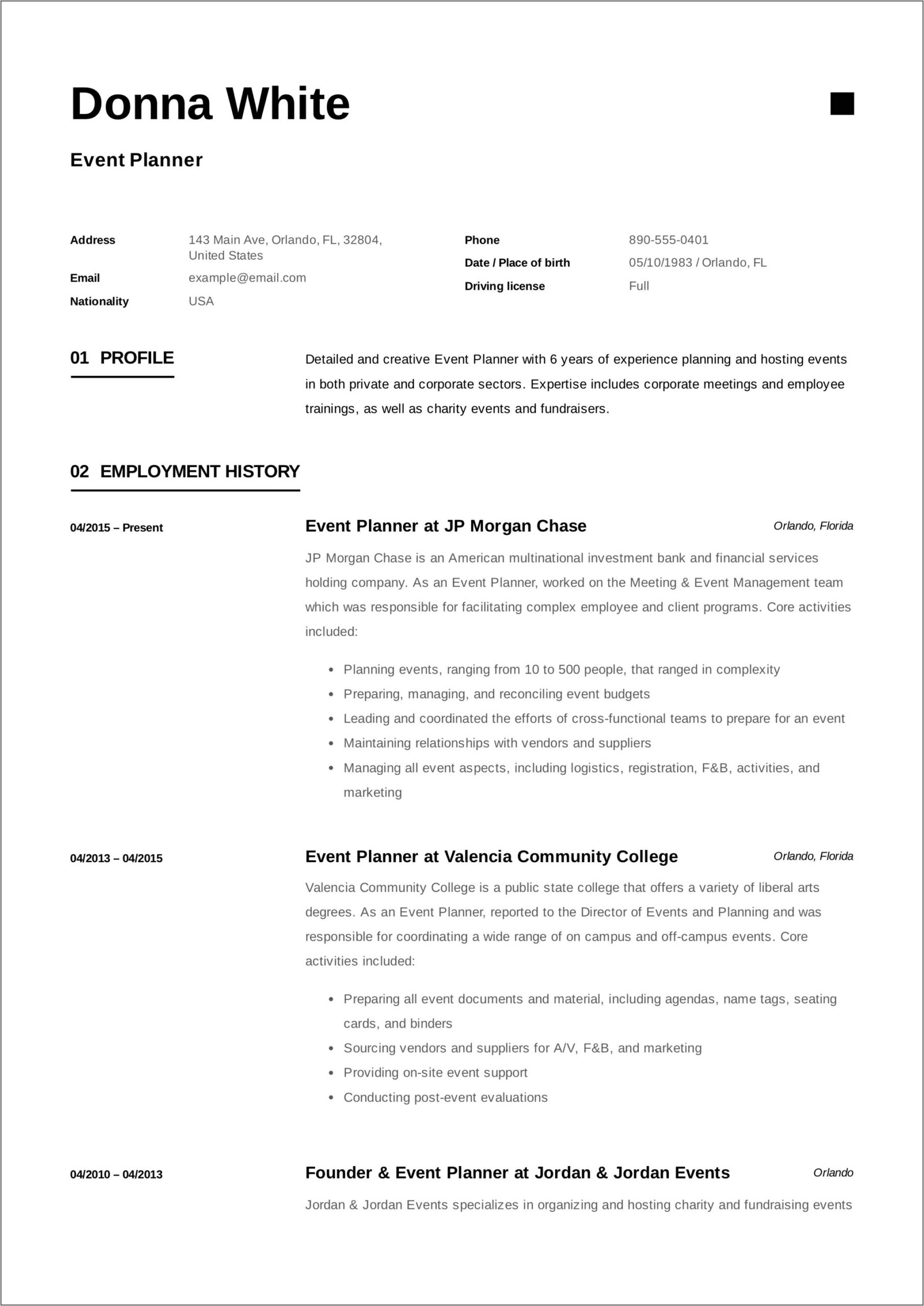 Special Event Planner Resume Sample