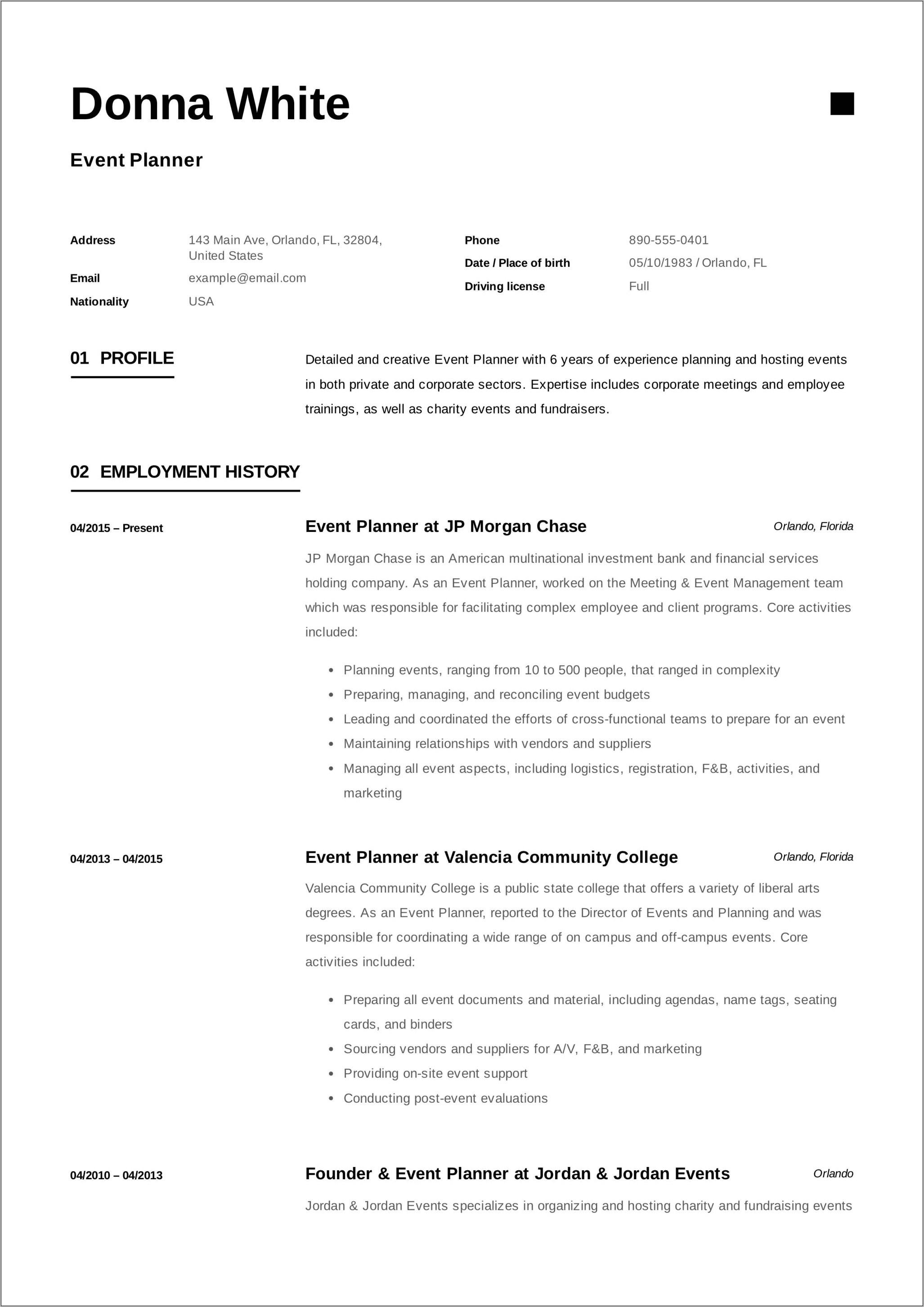 Special Event Planner Resume Sample