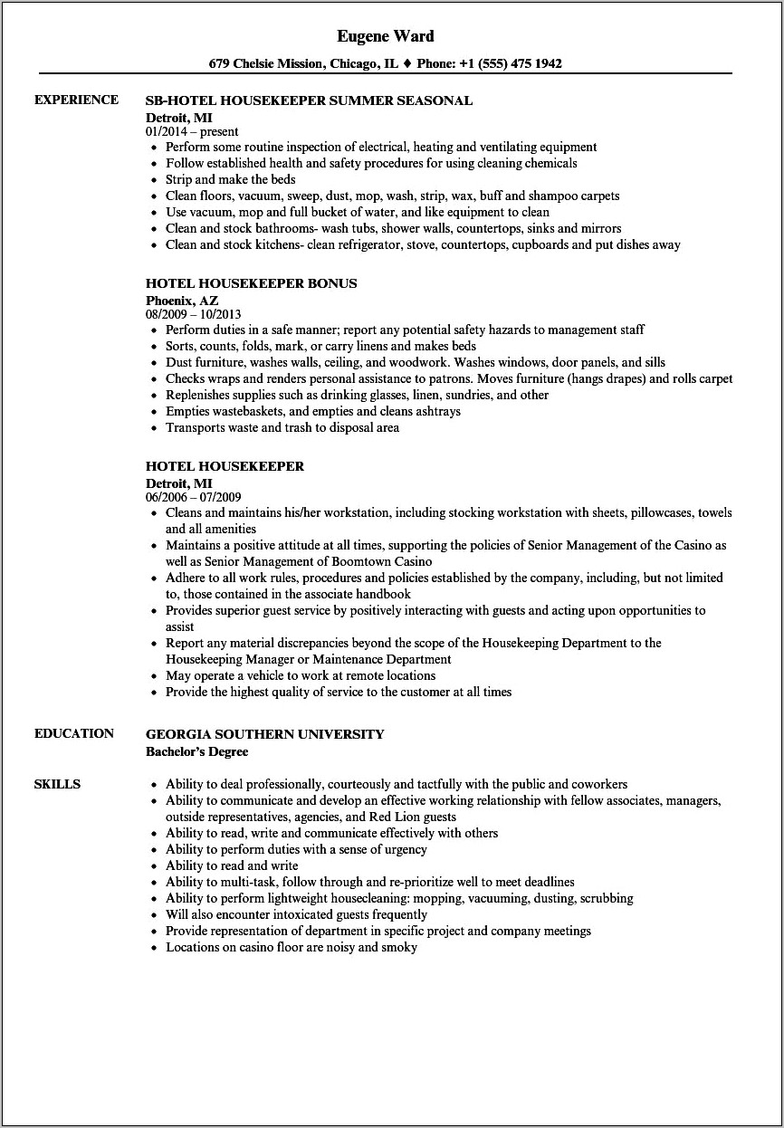 Special Skills For Housekeeper Resume