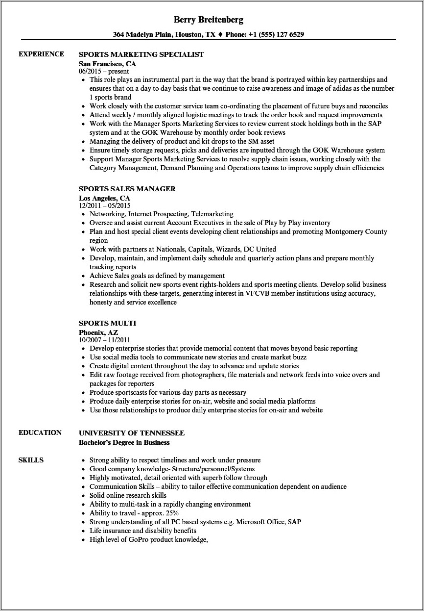 Sports Management Resume Objective Examples