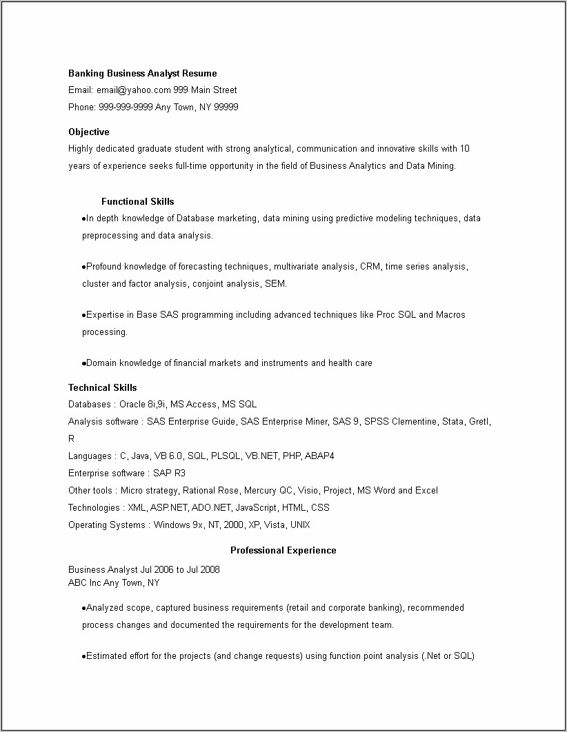 Sql Data Analyst Sample Resume