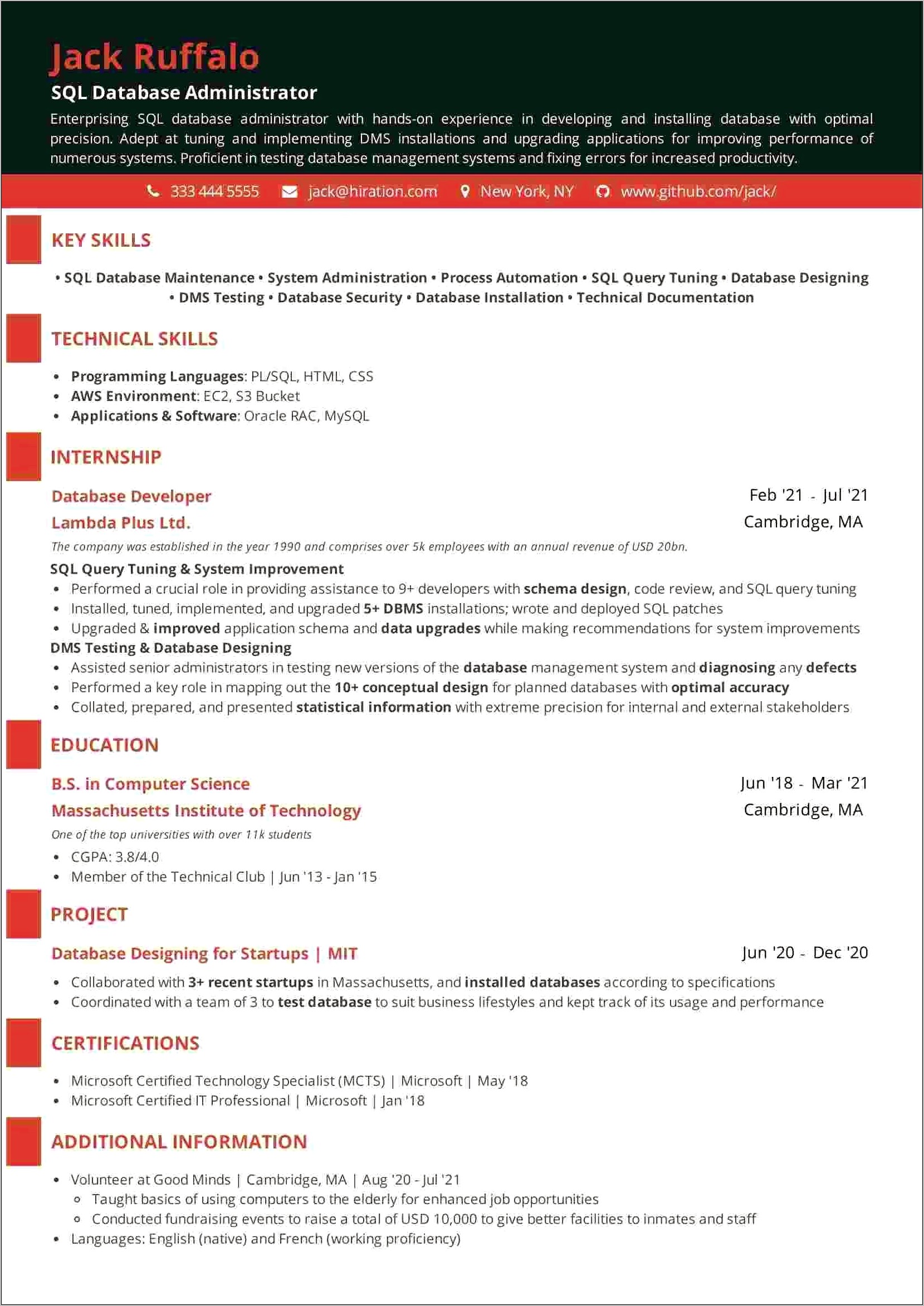 Sql Database Admin Resume Objective