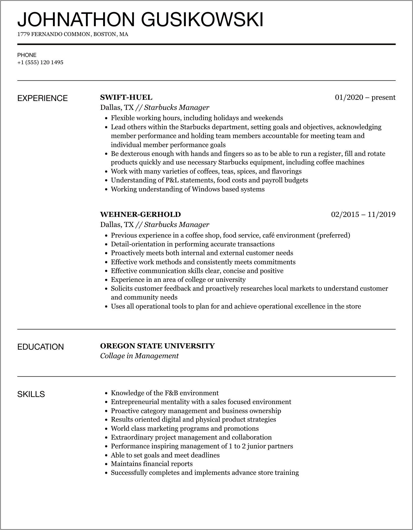 Starbucks Assistant Store Manager Resume