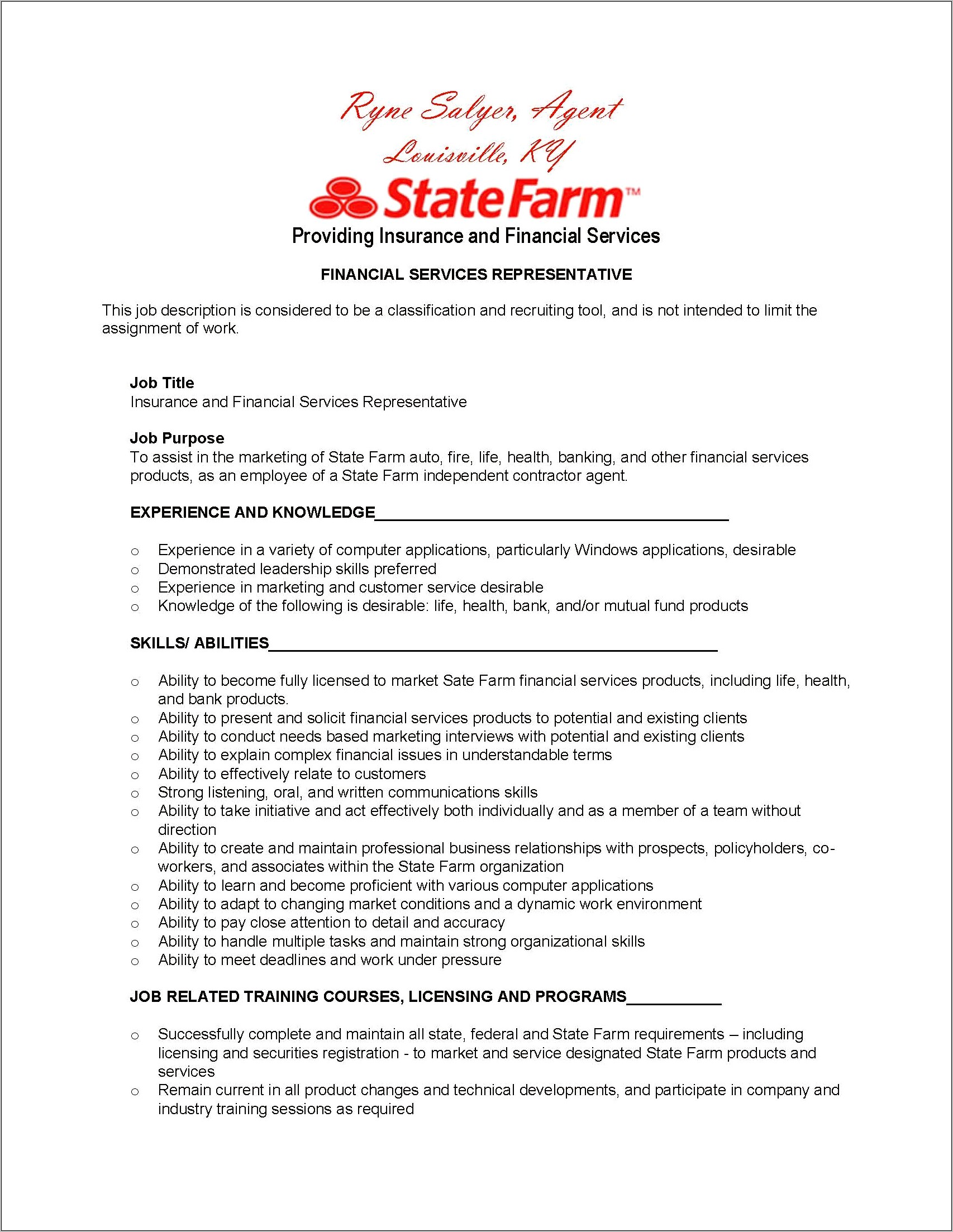 State Farm Representative Resume Example