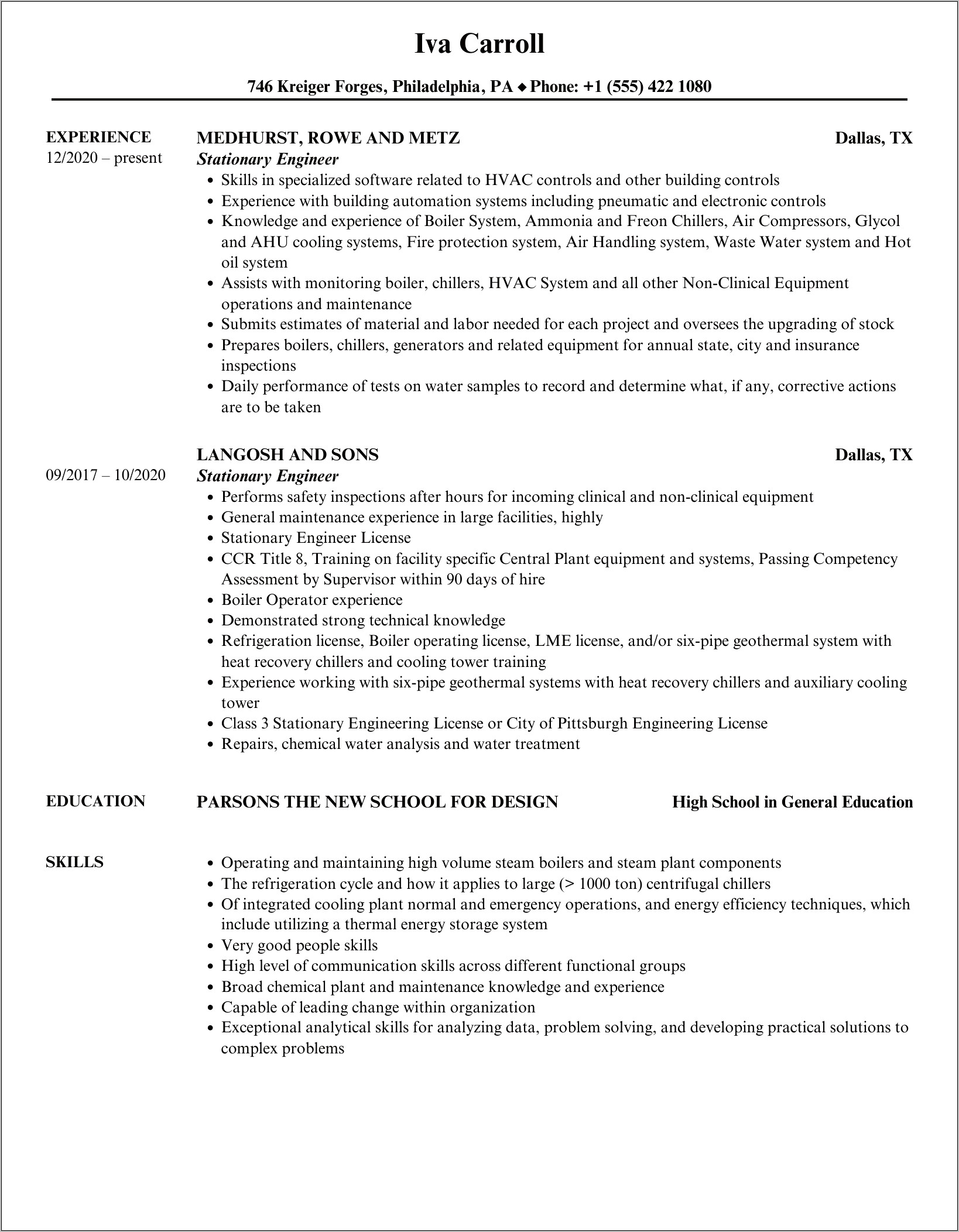 Stationary Engineer Job Description Resume