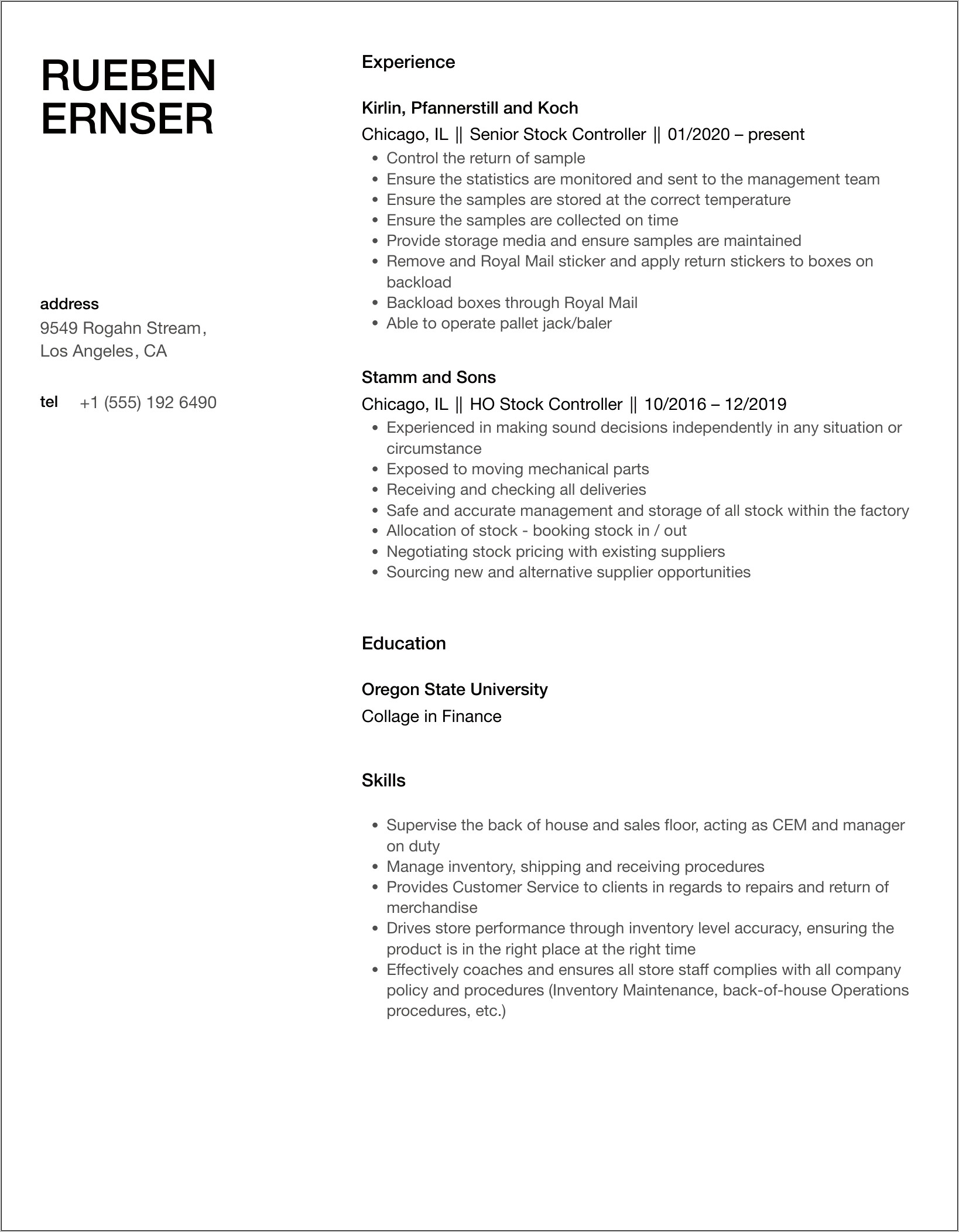 Stock Controller Skills On Resume