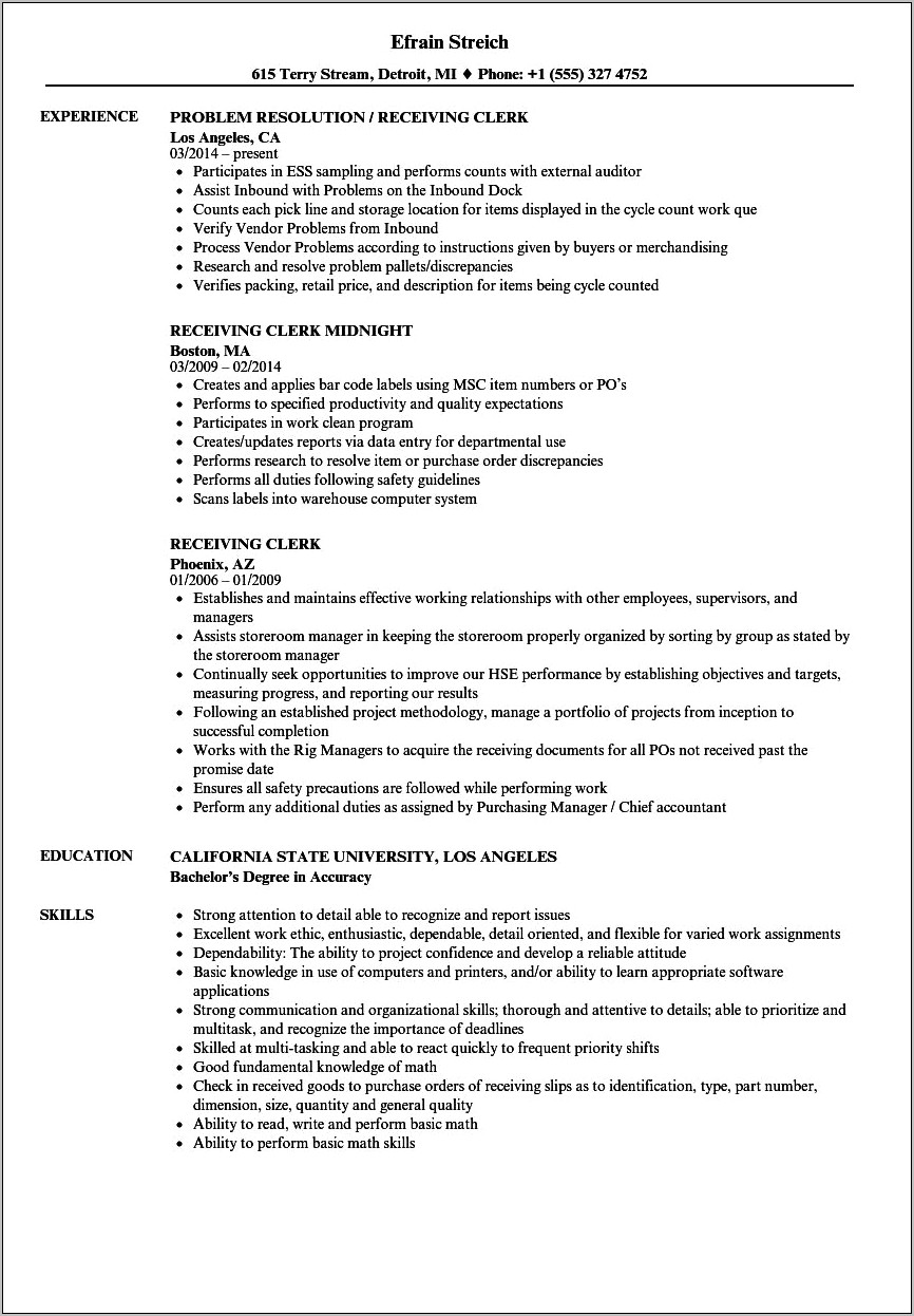 Stocking And Recieving Resume Objective