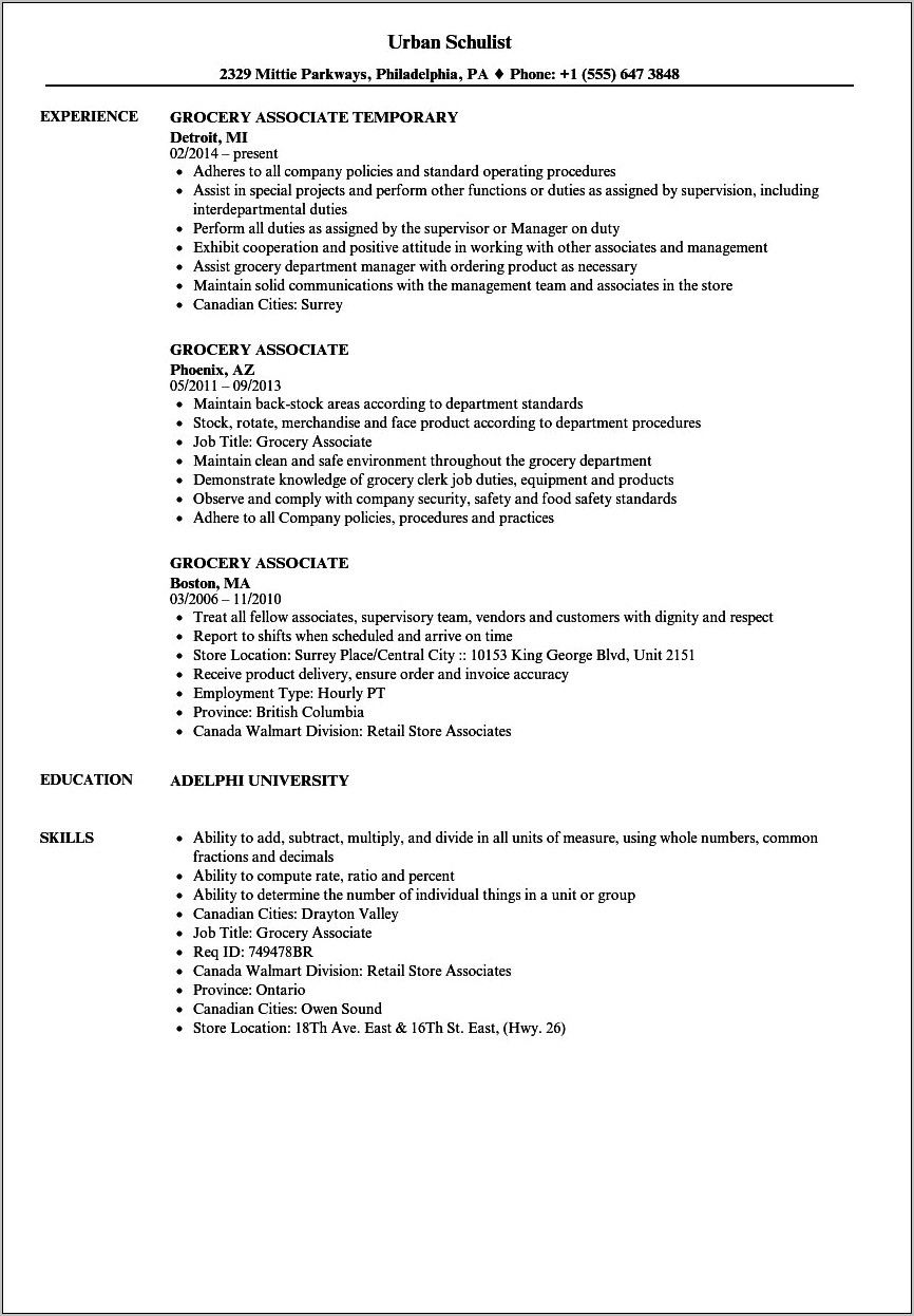 Store Associate Job Duties Resume