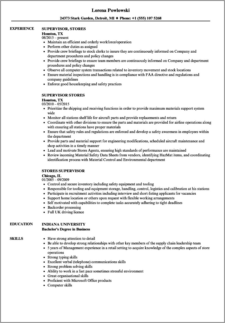 Store Supervisor Job Description Resume