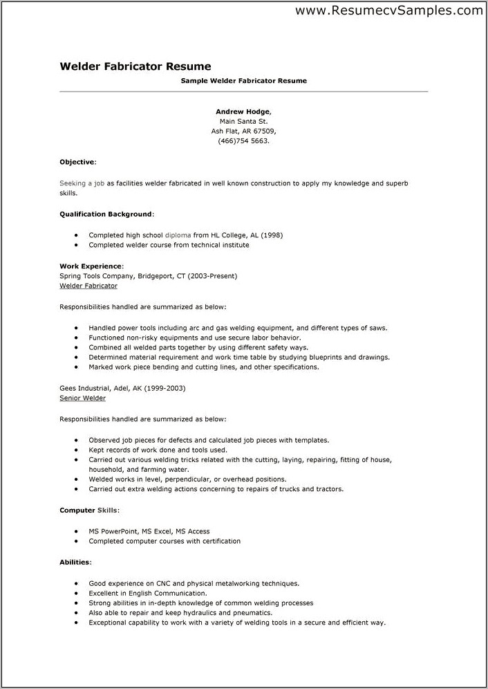 Structural Steel Fabricator Resume Sample