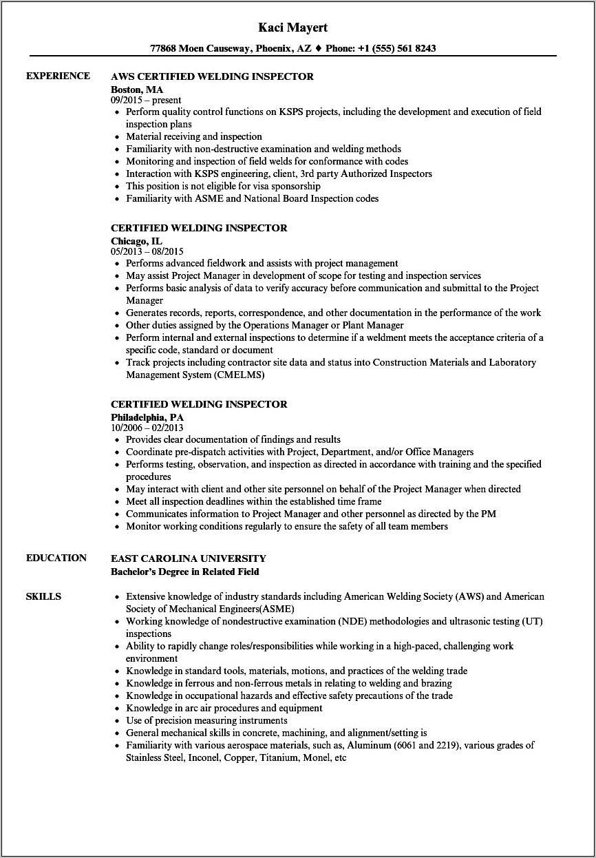 Structural Welding Inspector Resume Samples