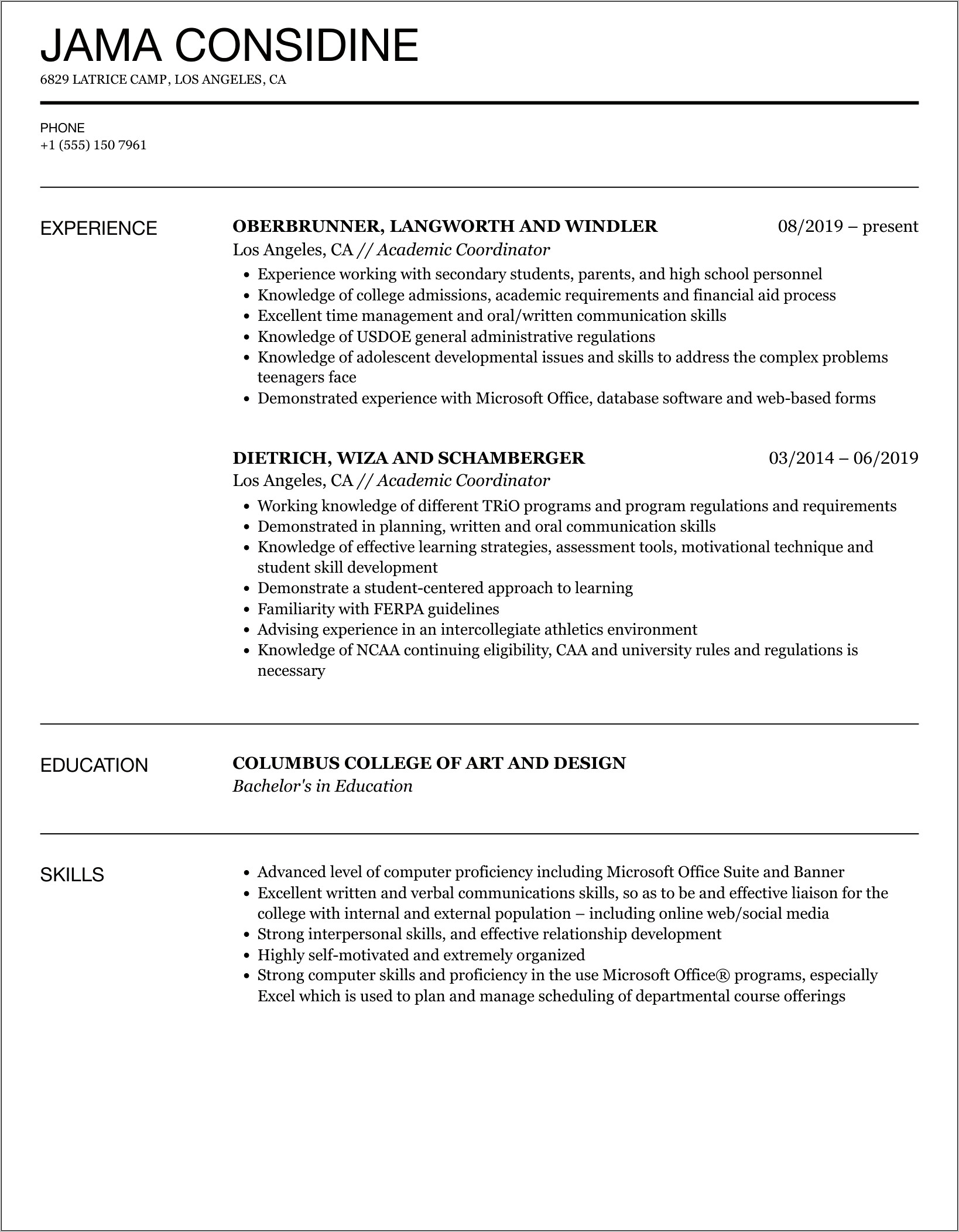 Student Coordinator Job Resume Sample