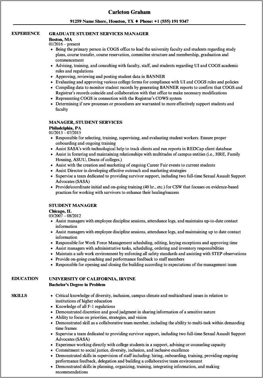 Student Manager Job Description Resume