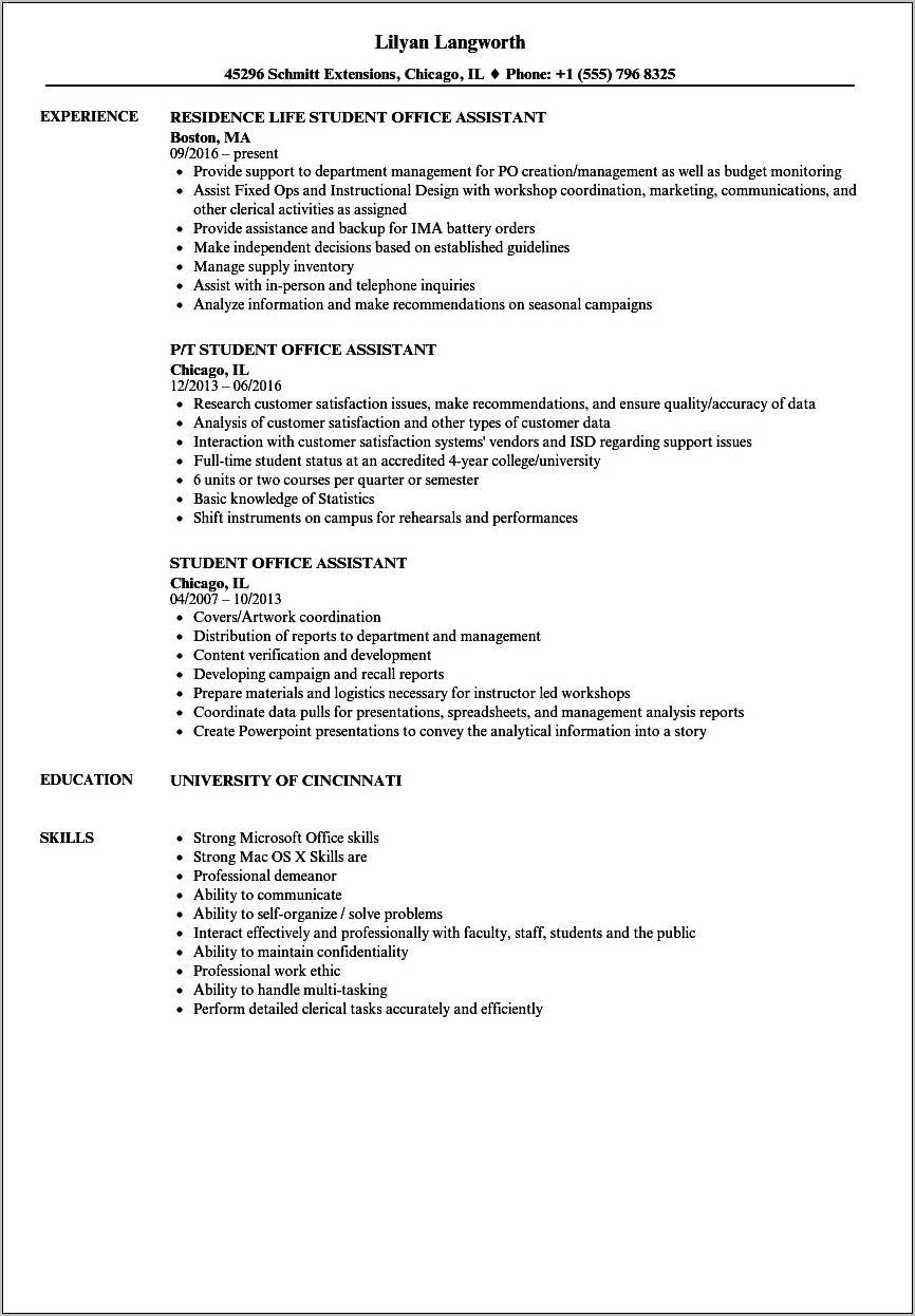 Student On Campus Job Resume