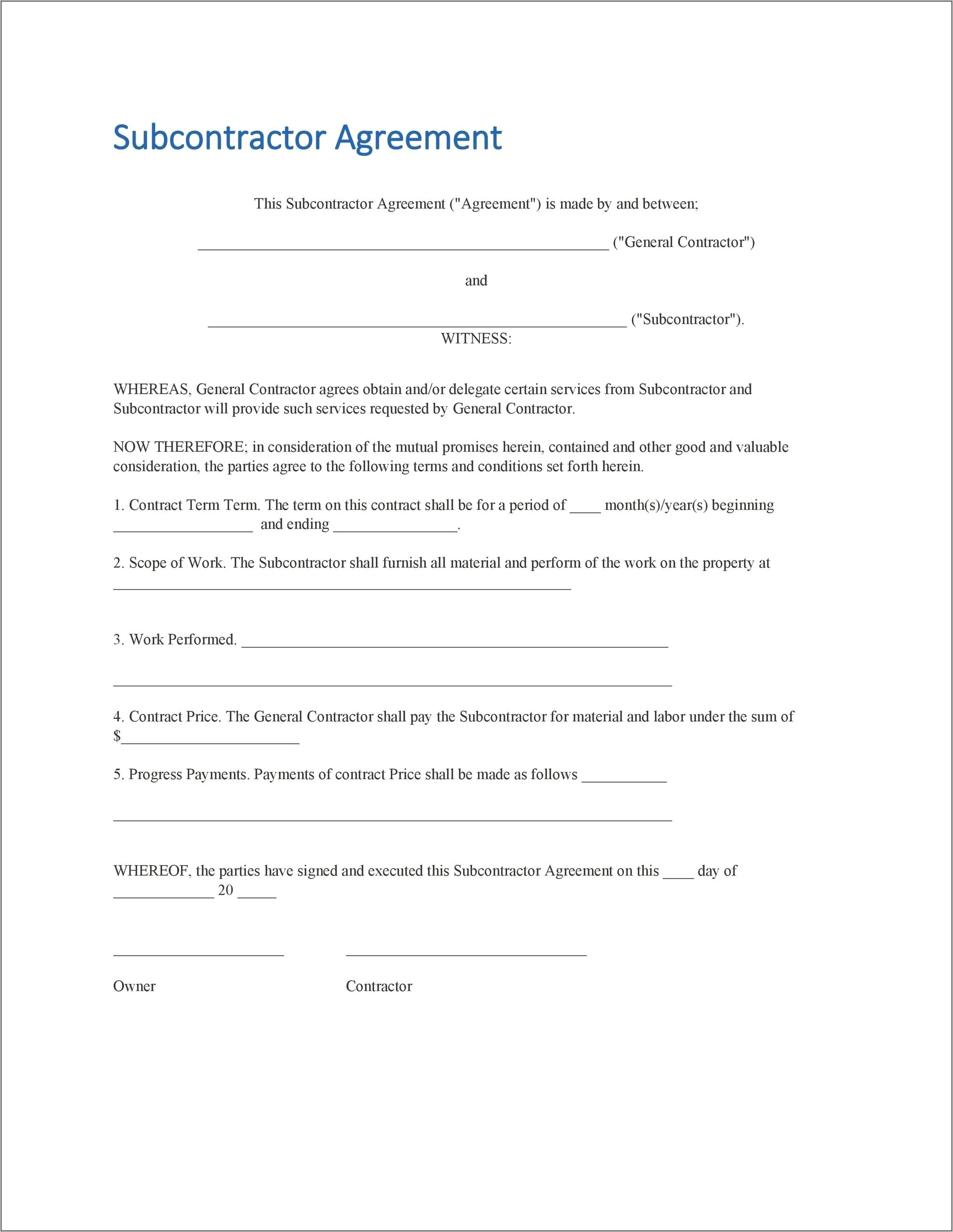 Subcontractor Agreement Free Subcontractor Agreement Template Word