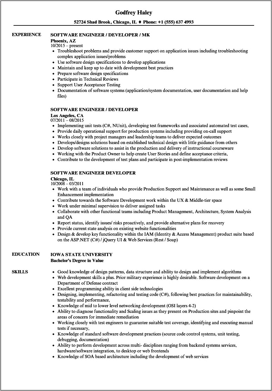 Subcontractor Resume Software Developer Samples