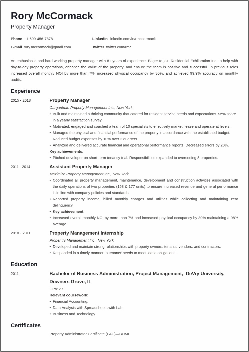 Summary Administration Property Management Resume