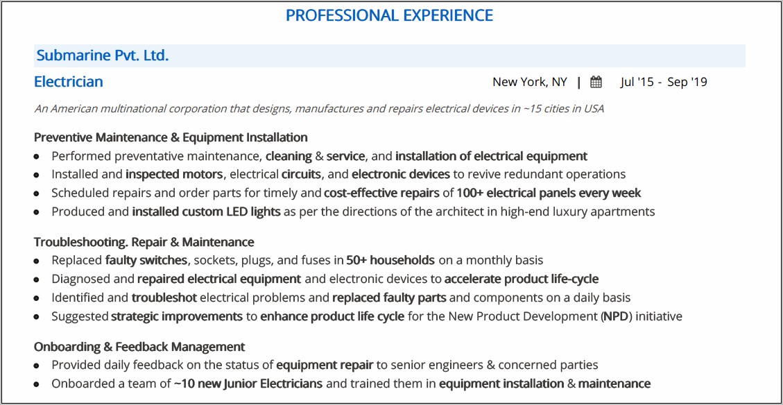 Summary Examples For Resumes Electrician