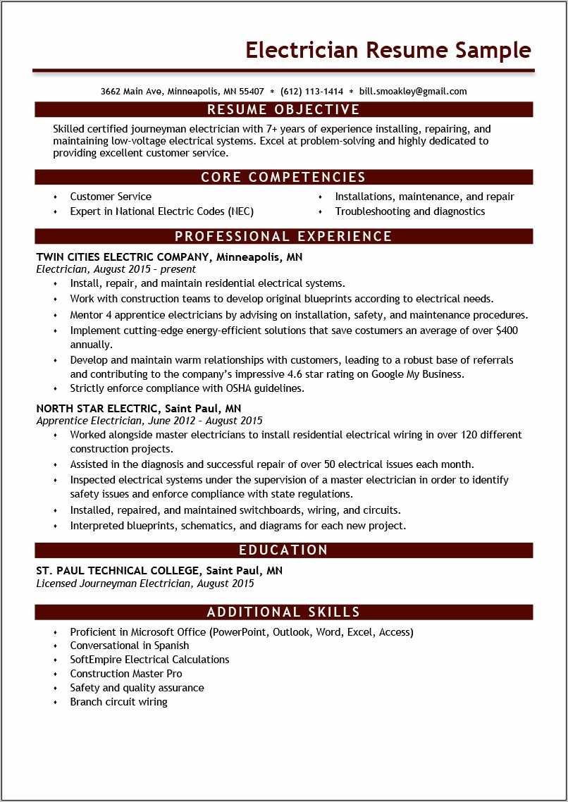 Summary For Resume Examples Electrician