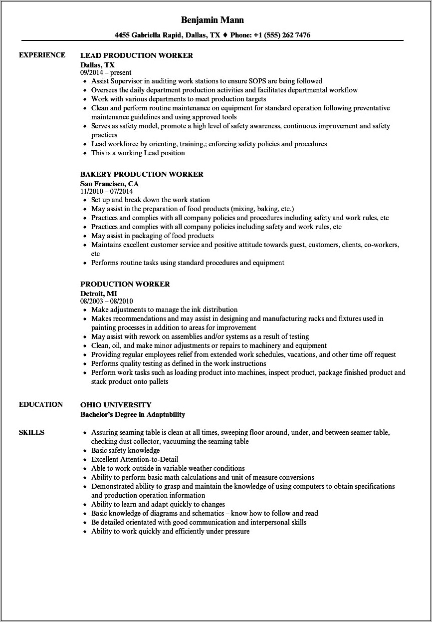 Summary For Resume Production Examples